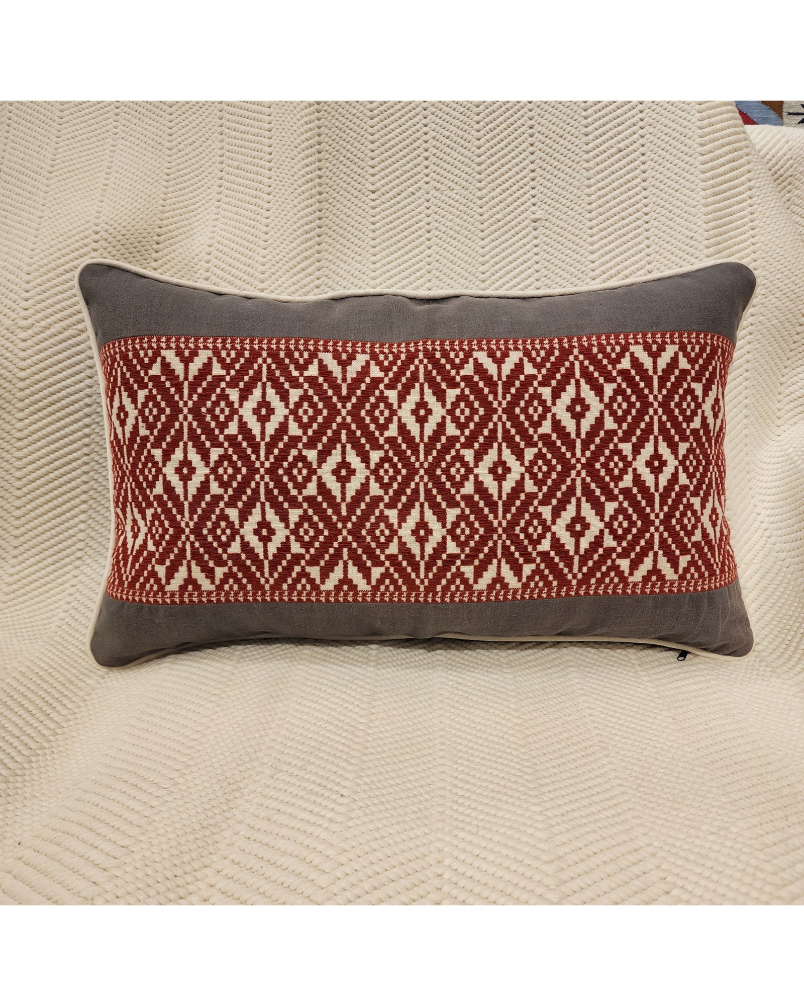 Handwoven Khit Lumbar Cushion - Grey & Red