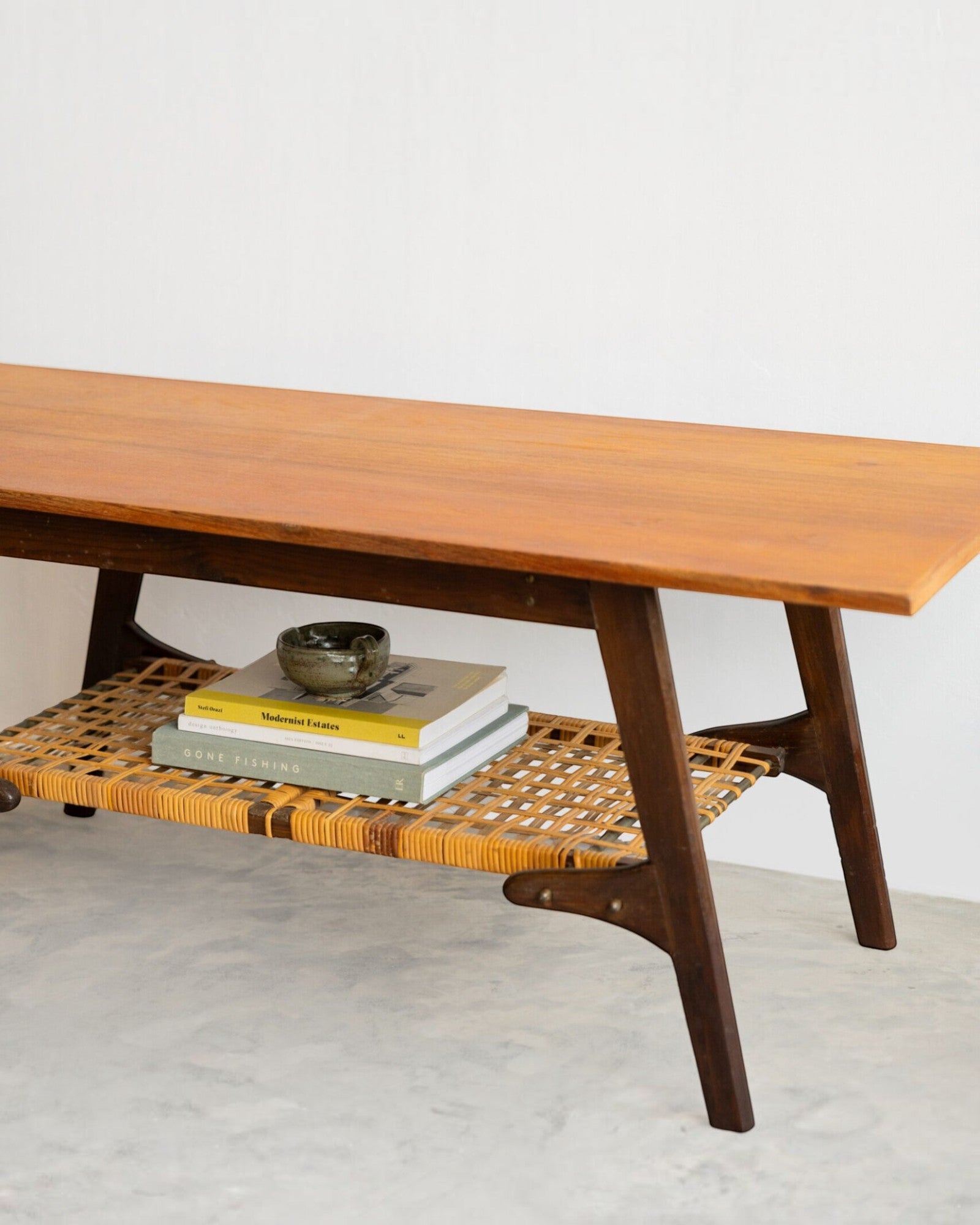 Teak Coffee Table with Cane Shelf