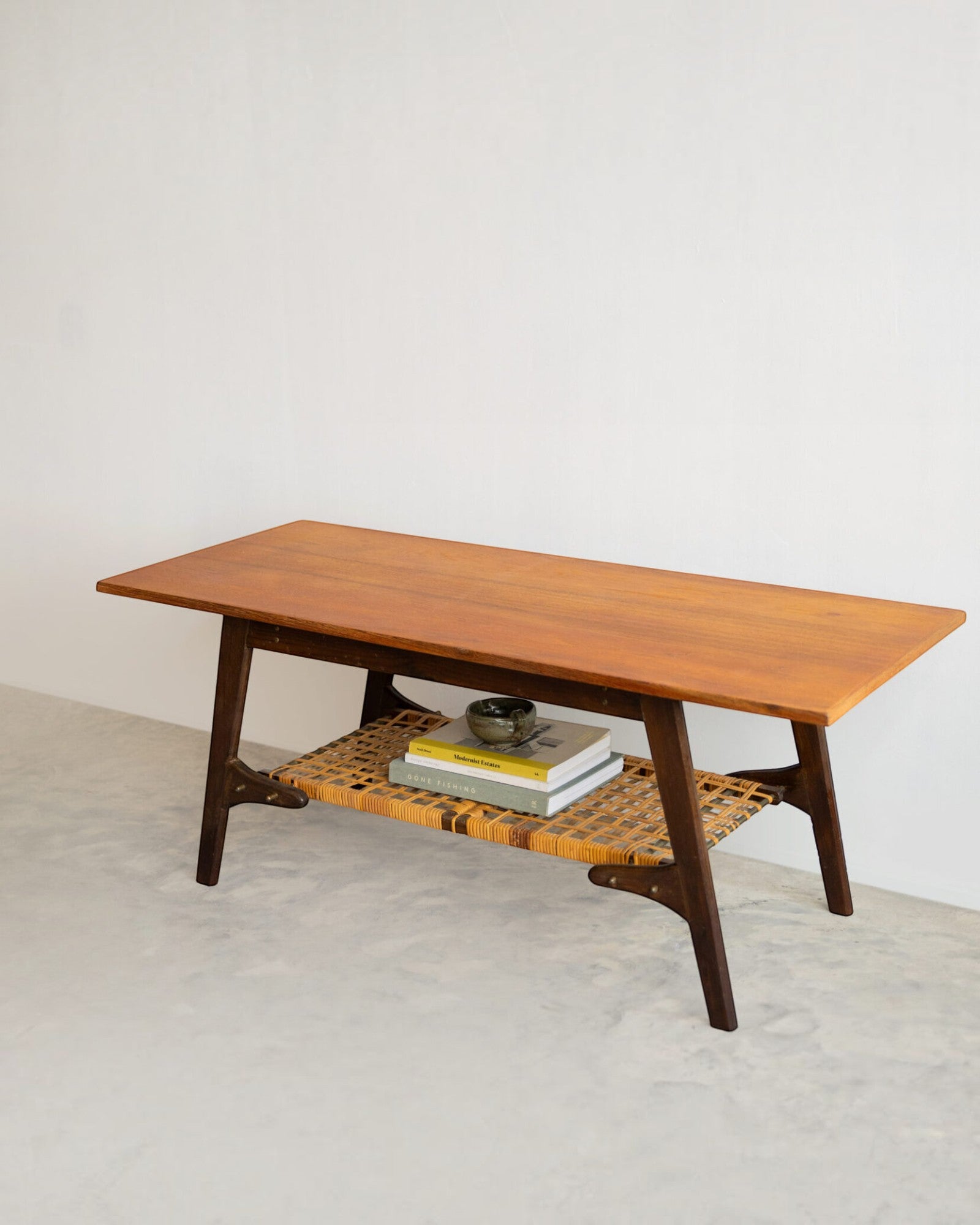 Teak Coffee Table with Cane Shelf
