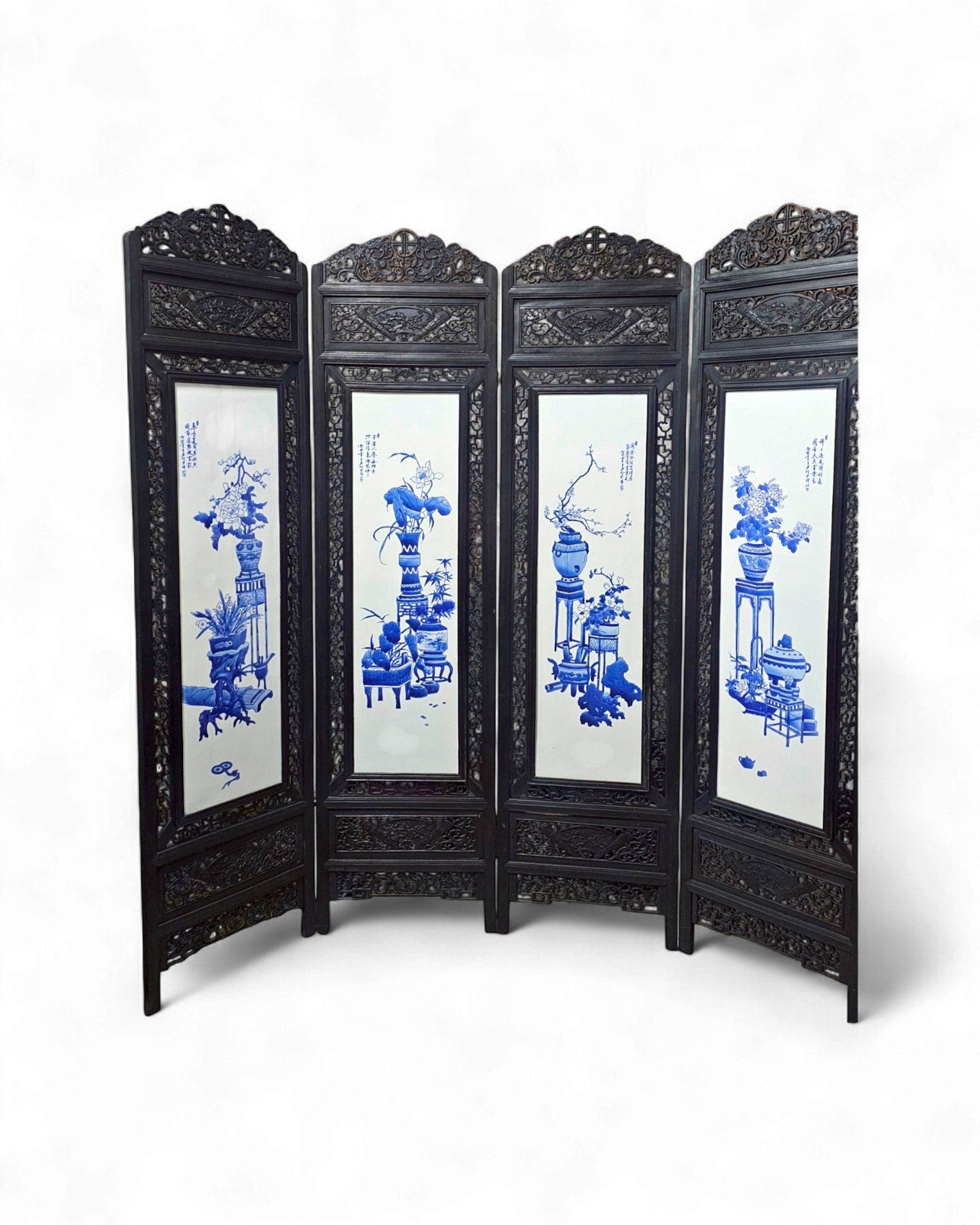 Four-Panel Hardwood Folding Screen with Blue-and-White Porcelain Insets