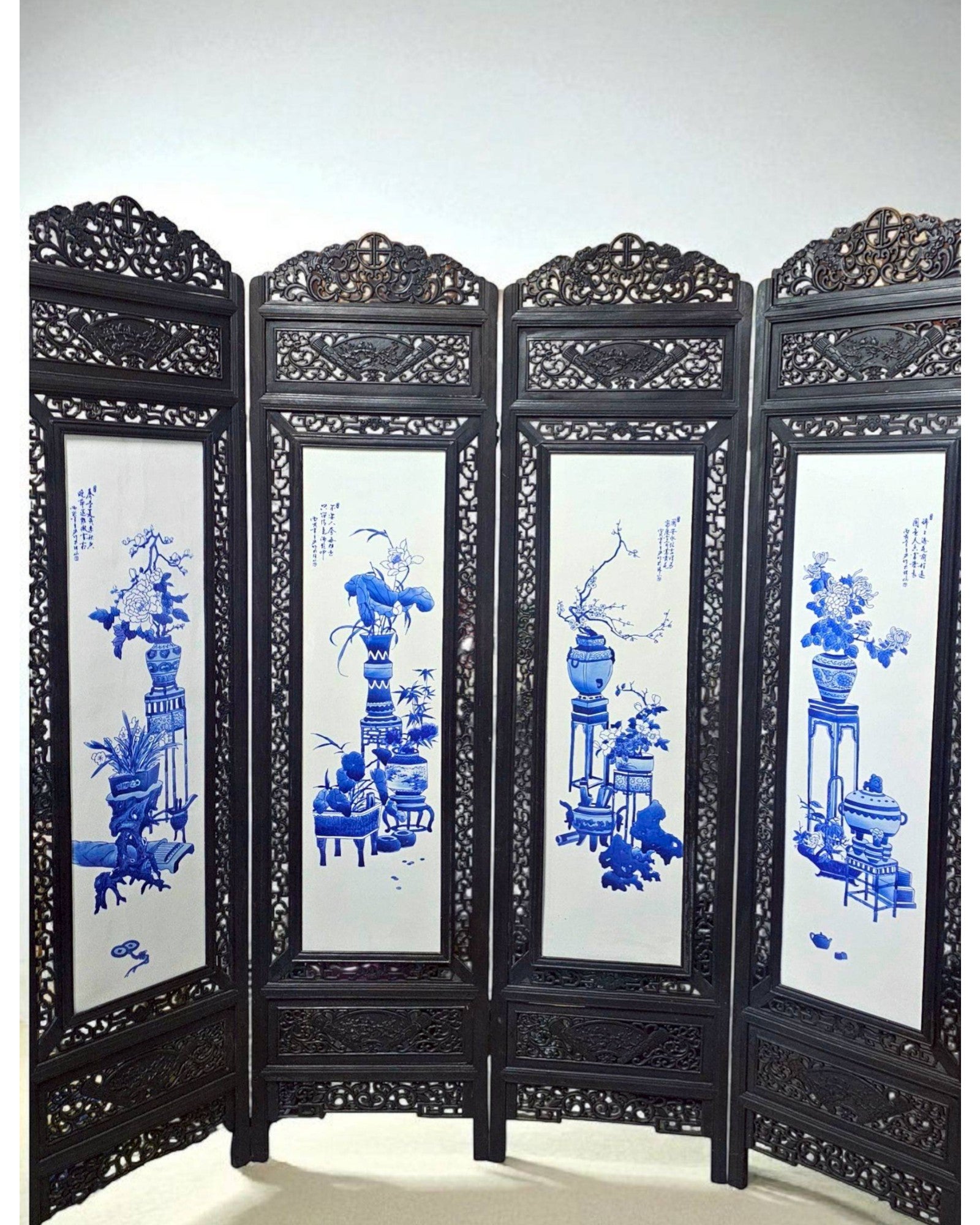 Four-Panel Hardwood Folding Screen with Blue-and-White Porcelain Insets