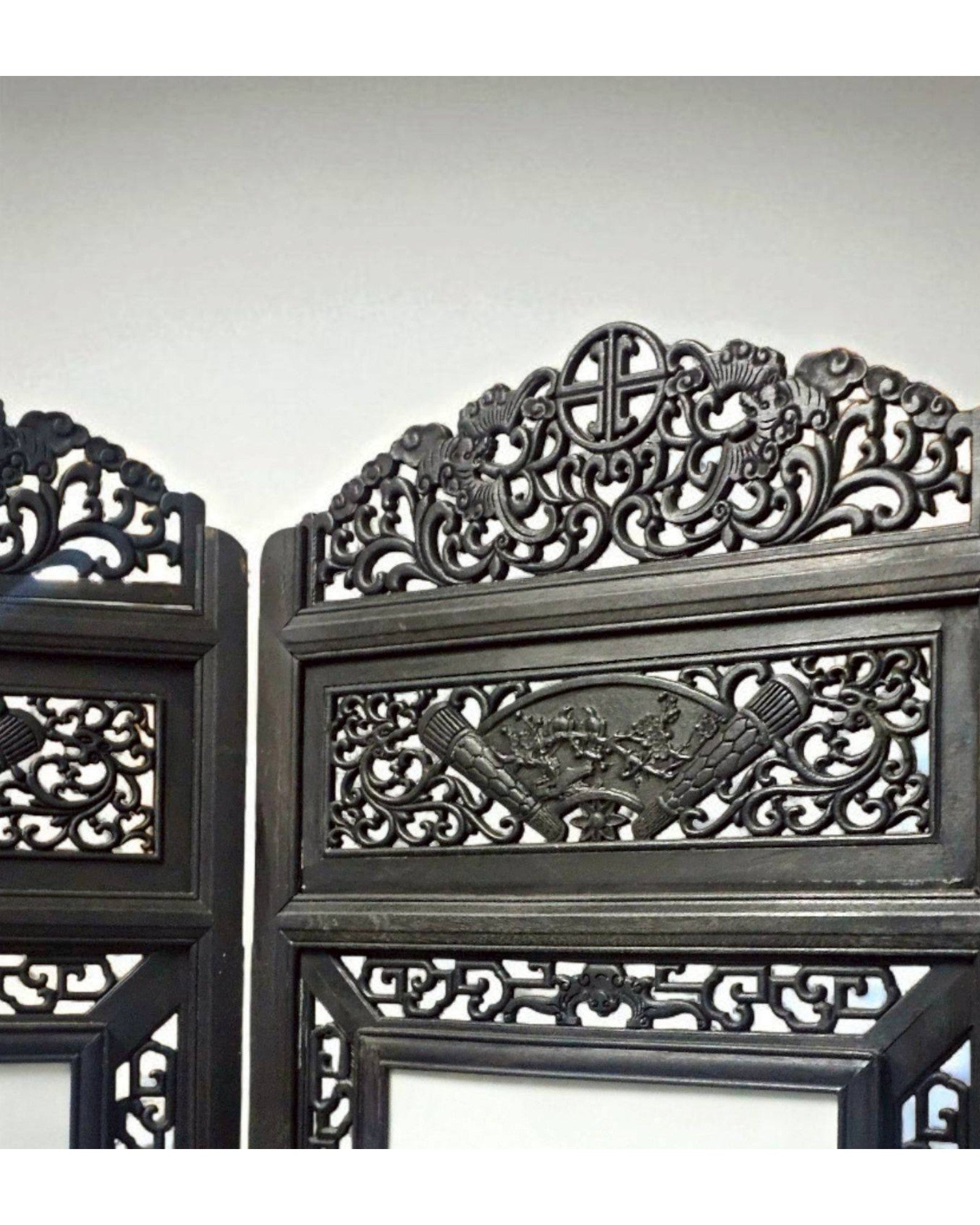 Four-Panel Hardwood Folding Screen with Blue-and-White Porcelain Insets