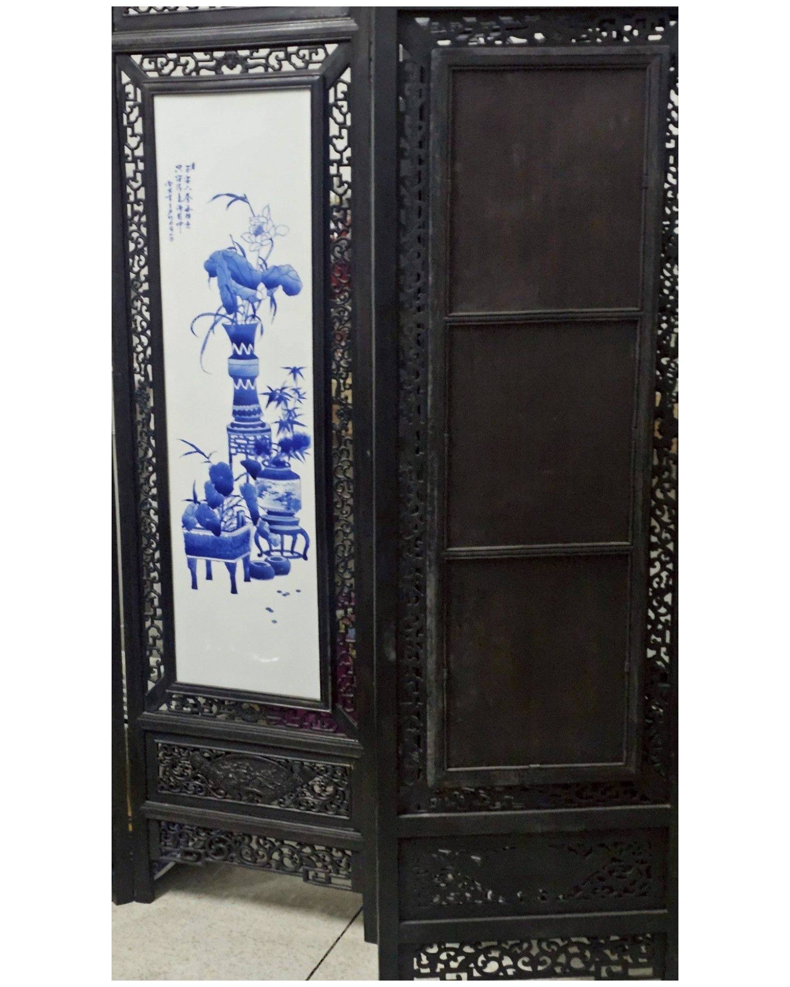 Four-Panel Hardwood Folding Screen with Blue-and-White Porcelain Insets