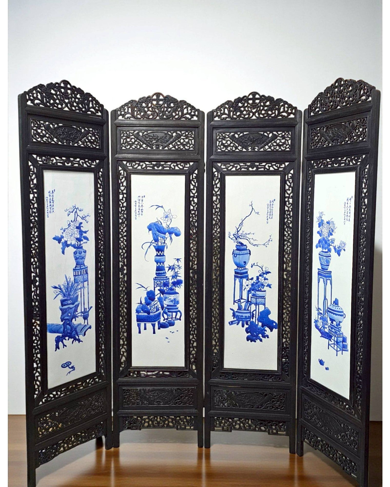 Four-Panel Hardwood Folding Screen with Blue-and-White Porcelain Insets