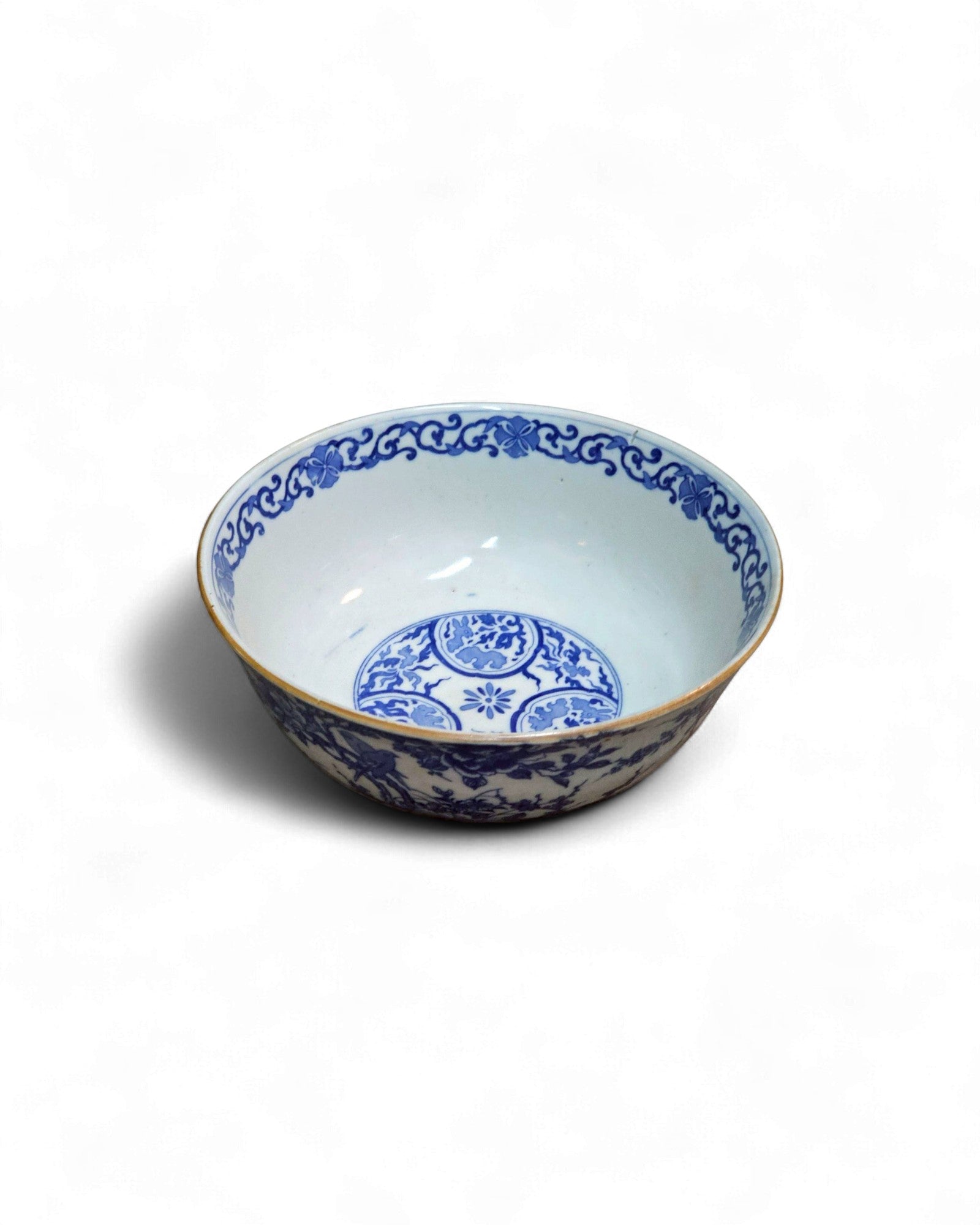Blue and White Ceramic Bowl with Floral & Bird Motifs