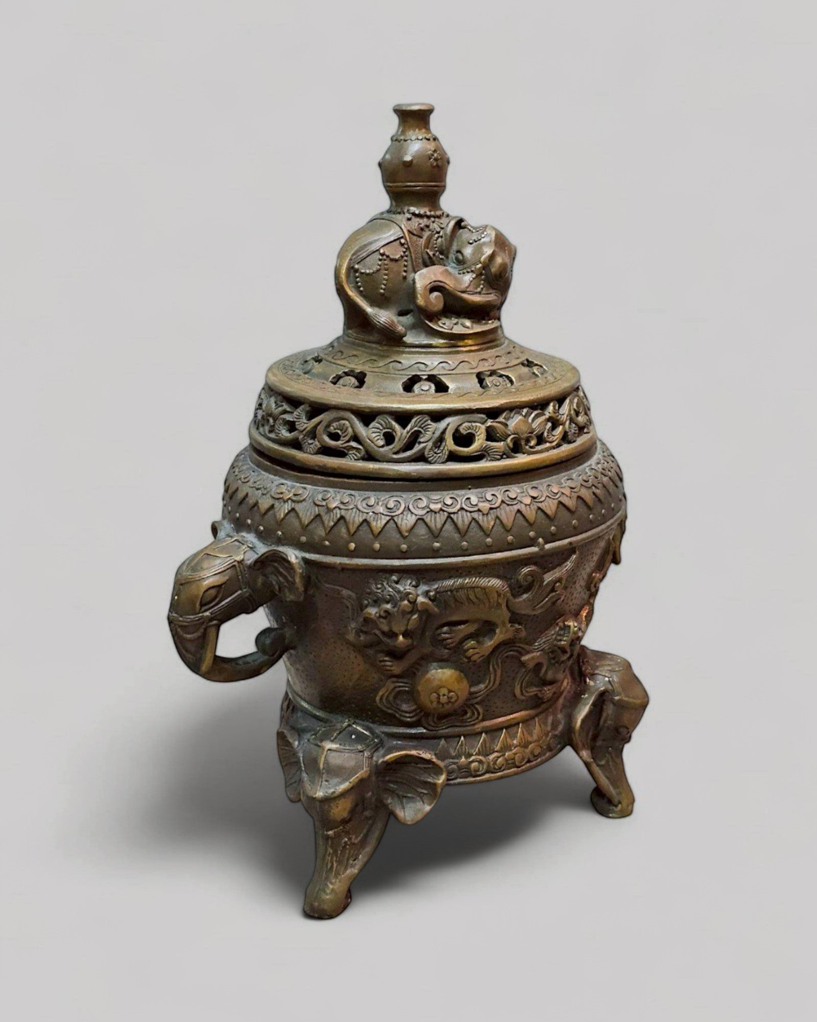 Bronze Incense Burner with Elephant Finial & Tripod Elephant-Head Legs