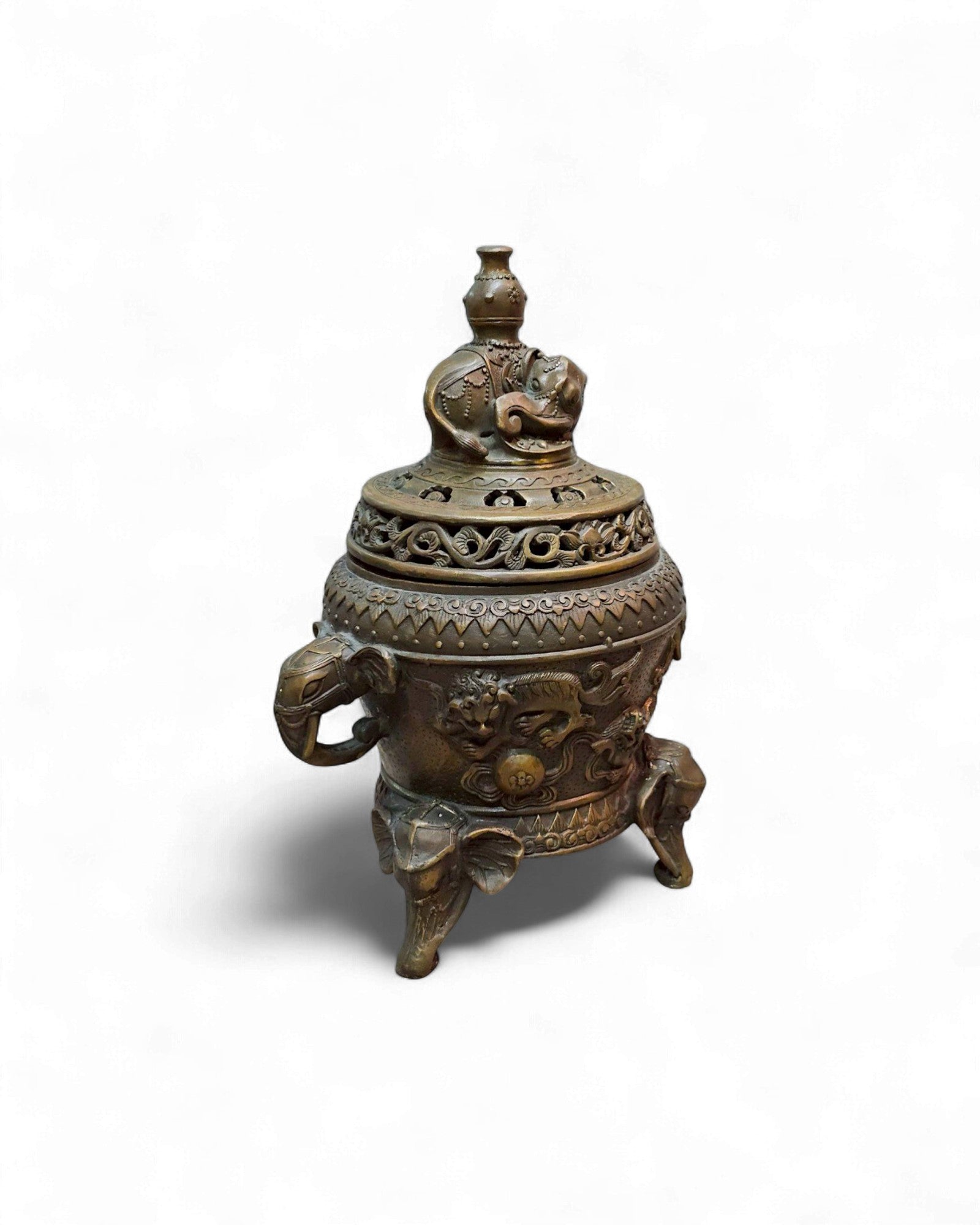 Bronze Incense Burner with Elephant Finial & Tripod Elephant-Head Legs