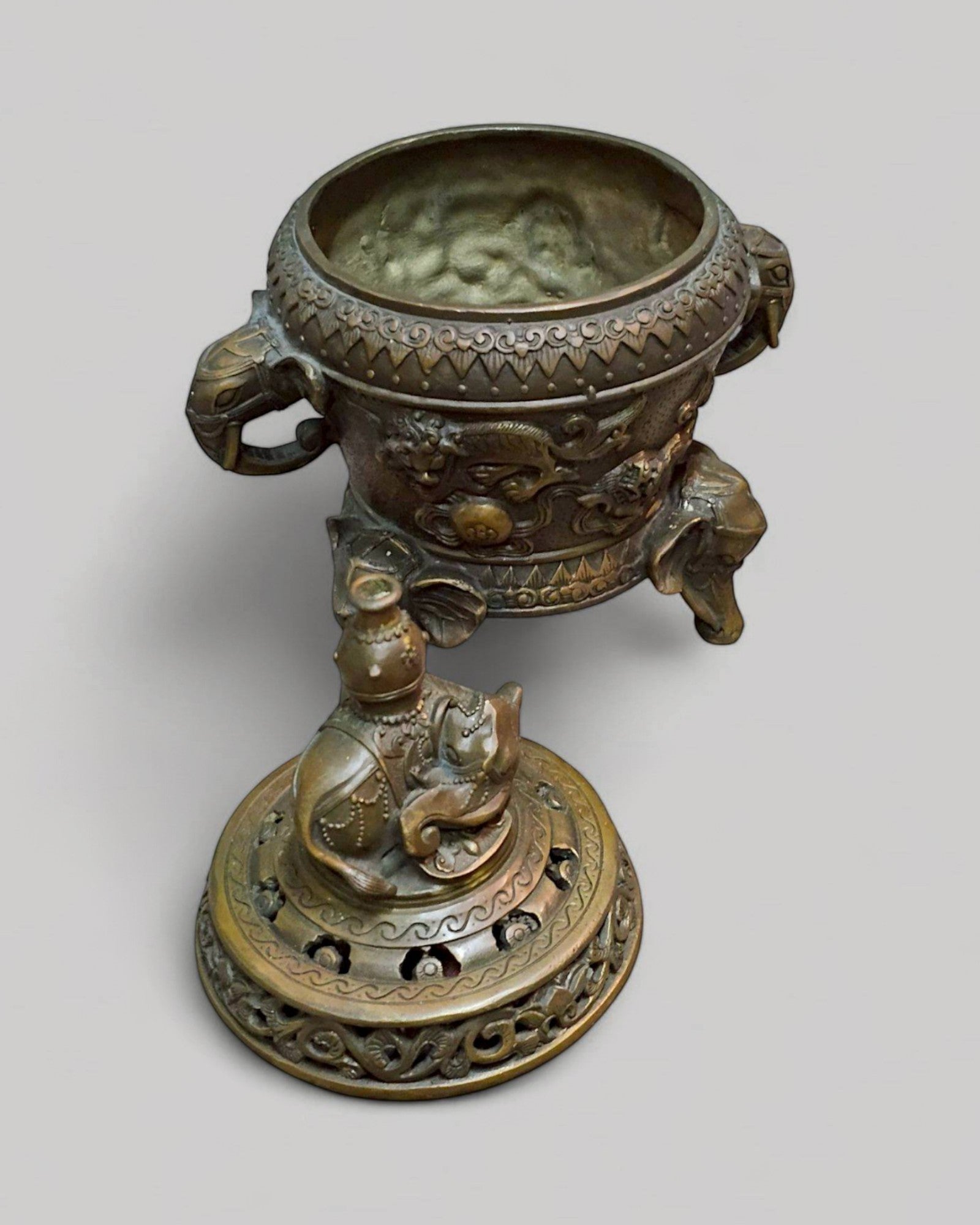 Bronze Incense Burner with Elephant Finial & Tripod Elephant-Head Legs