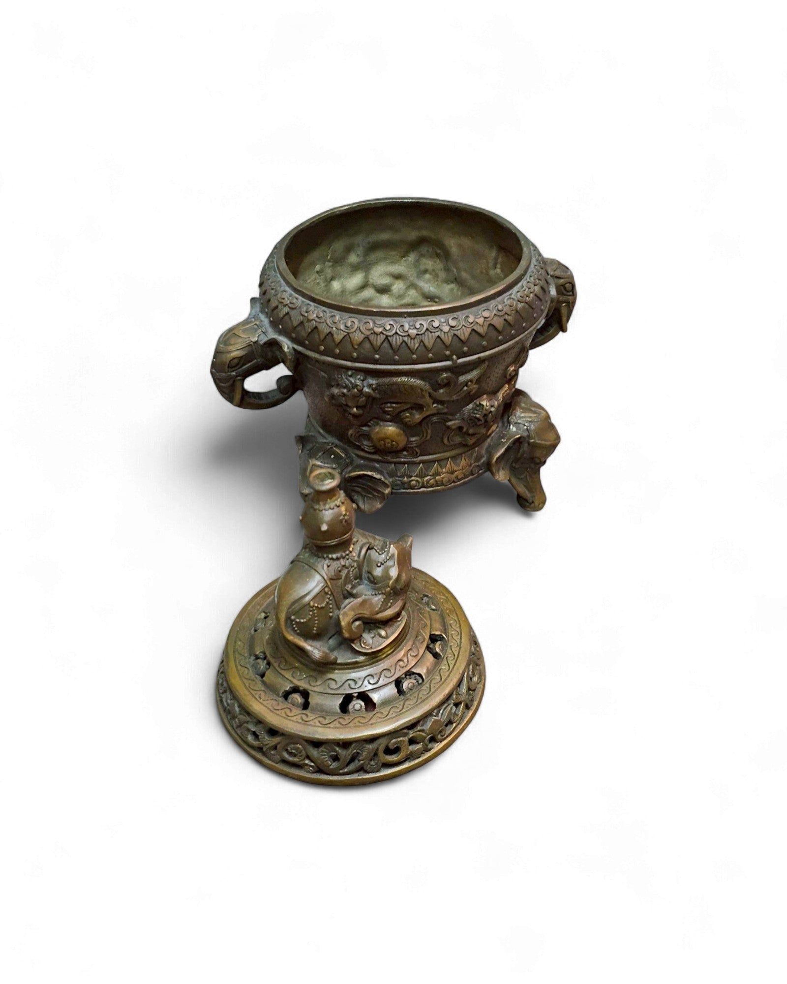 Bronze Incense Burner with Elephant Finial & Tripod Elephant-Head Legs