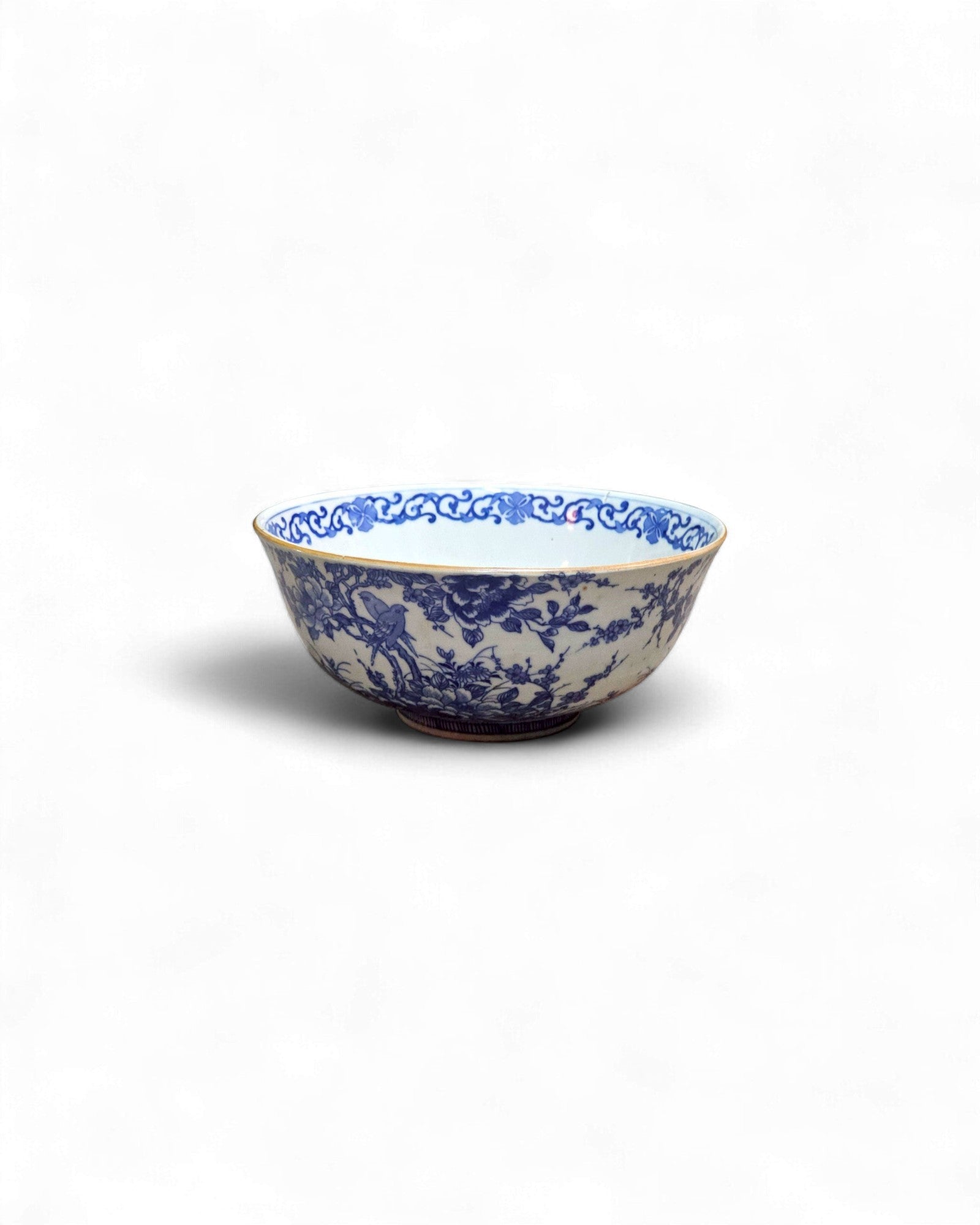 Blue and White Ceramic Bowl with Floral & Bird Motifs