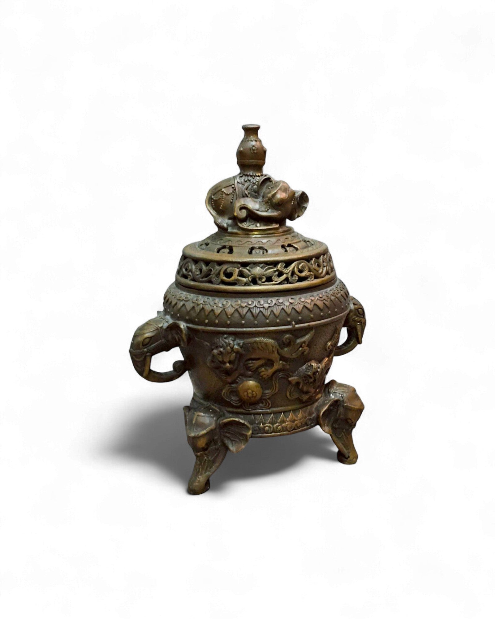 Bronze Incense Burner with Elephant Finial & Tripod Elephant-Head Legs