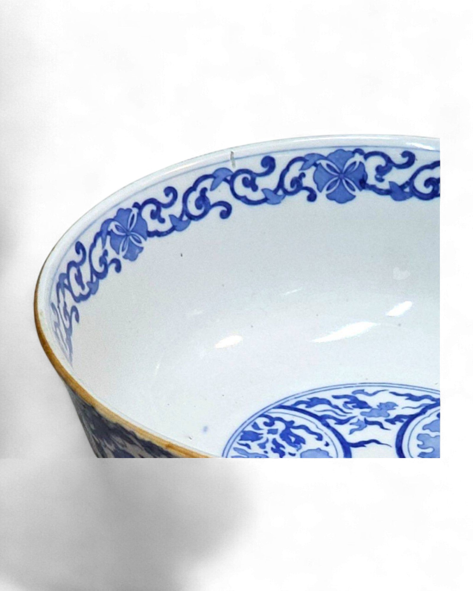 Blue and White Ceramic Bowl with Floral & Bird Motifs