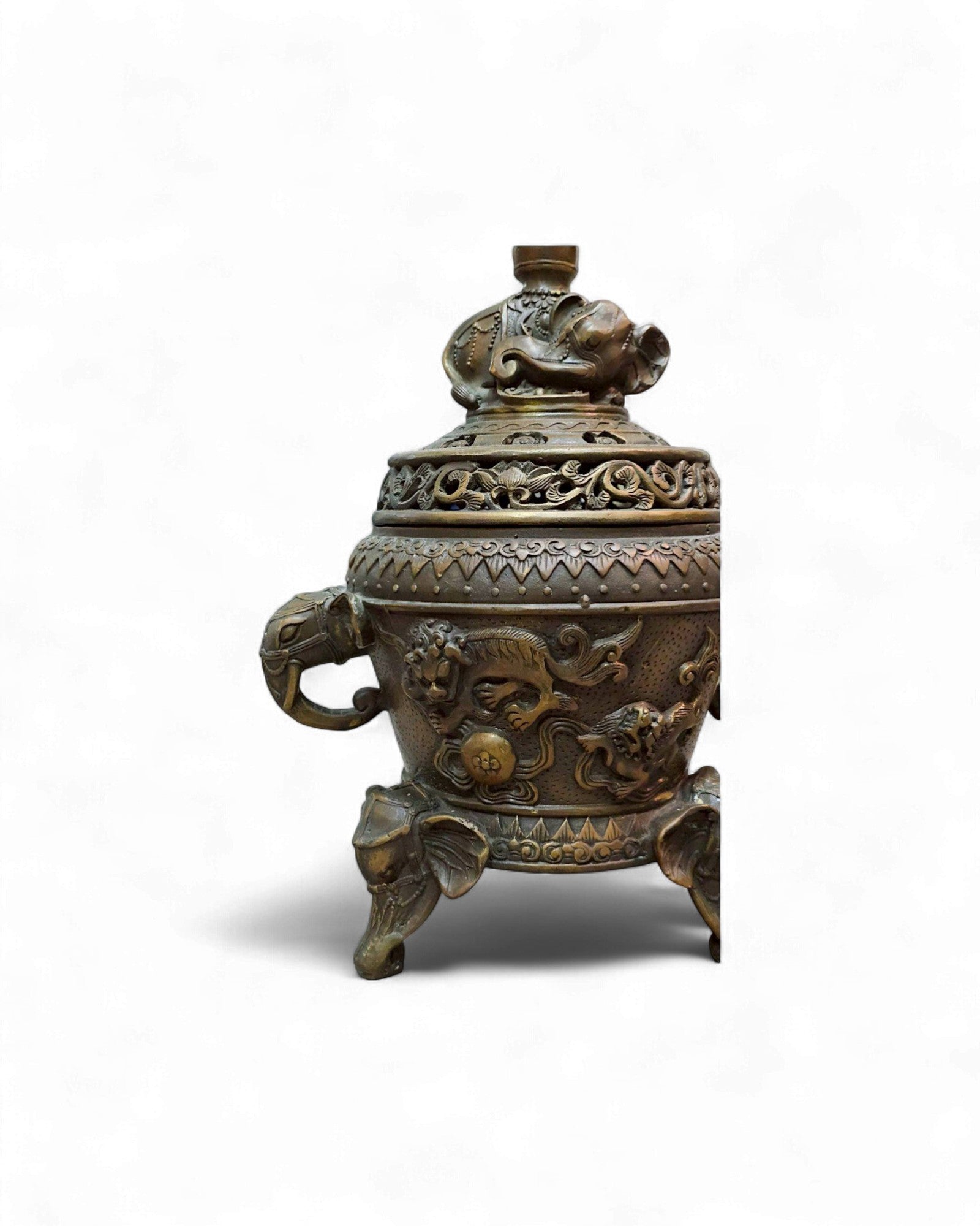 Bronze Incense Burner with Elephant Finial & Tripod Elephant-Head Legs