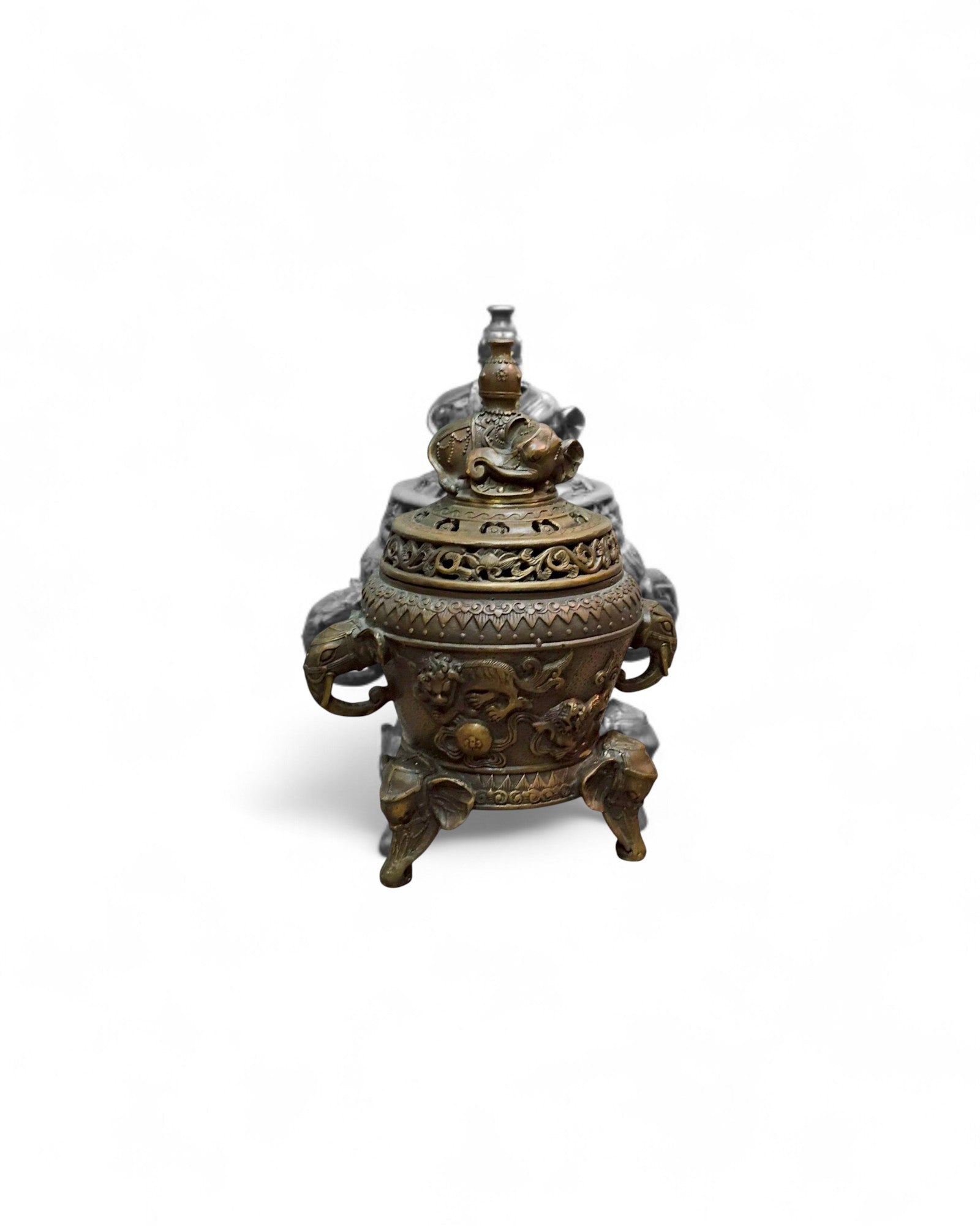 Bronze Incense Burner with Elephant Finial & Tripod Elephant-Head Legs