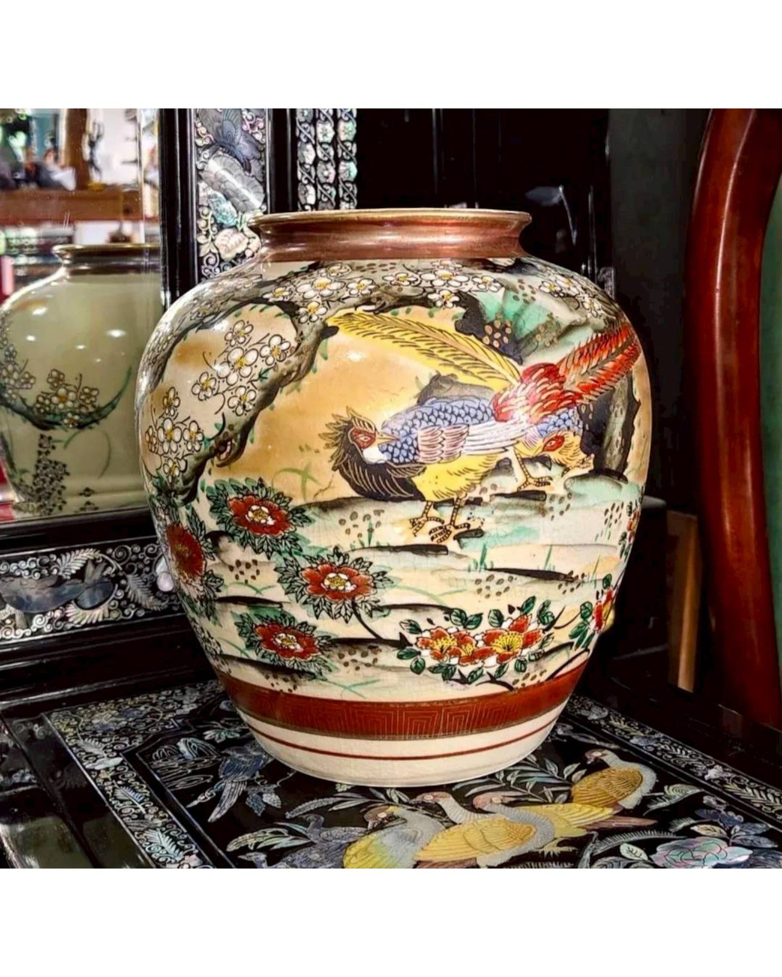 Japanese Kutani Hand-Painted Bird & Floral Vase