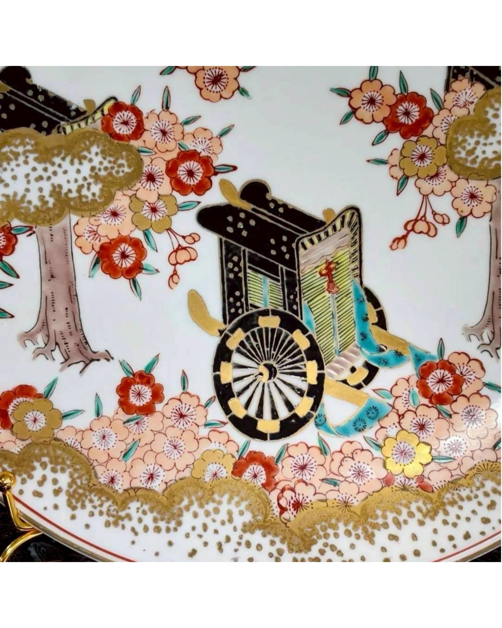 Japanese Kutani Decorative Plate with Palanquin & Cherry Blossom Motif - Surround Living - 6