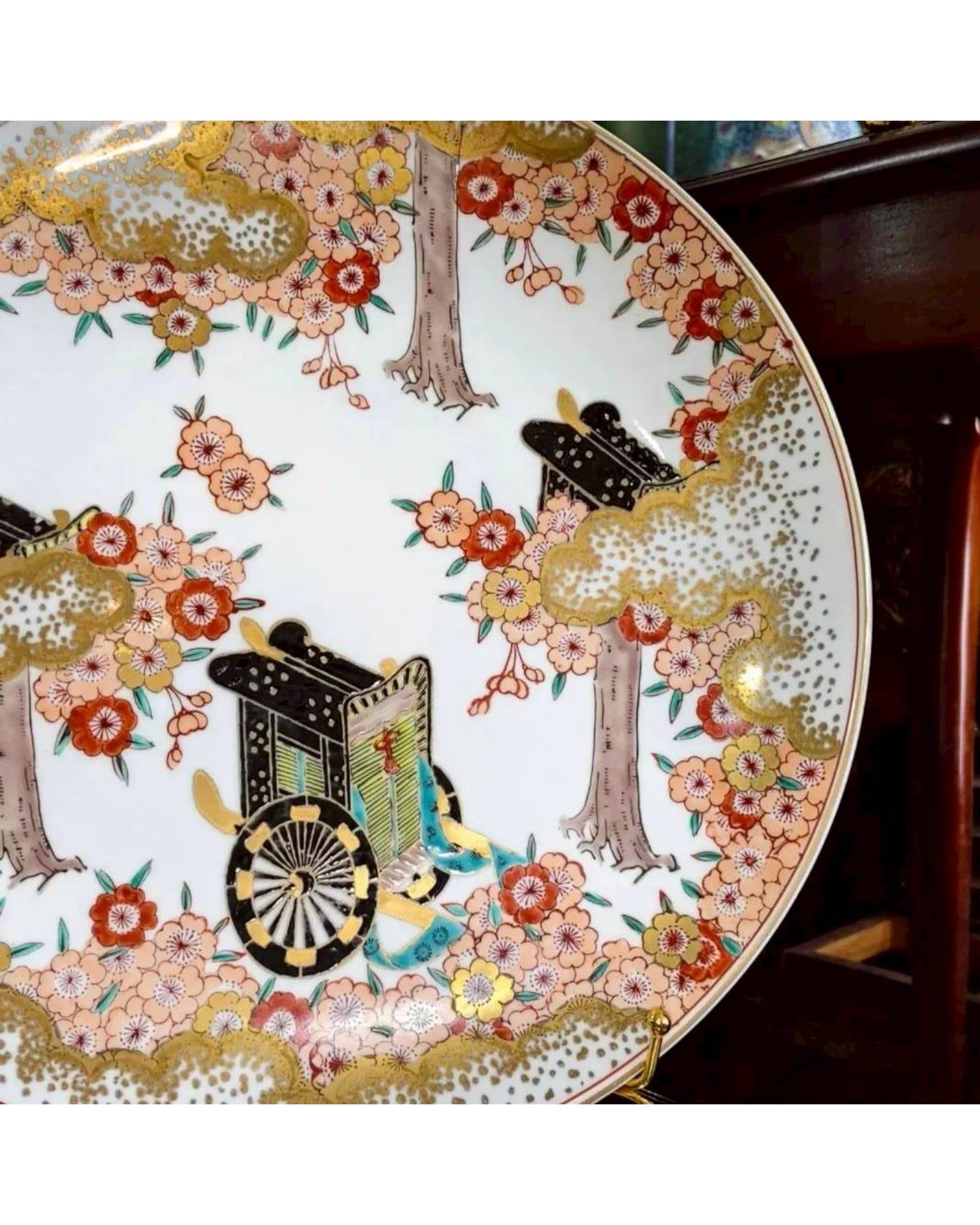 Japanese Kutani Decorative Plate with Palanquin & Cherry Blossom Motif - Surround Living - 7