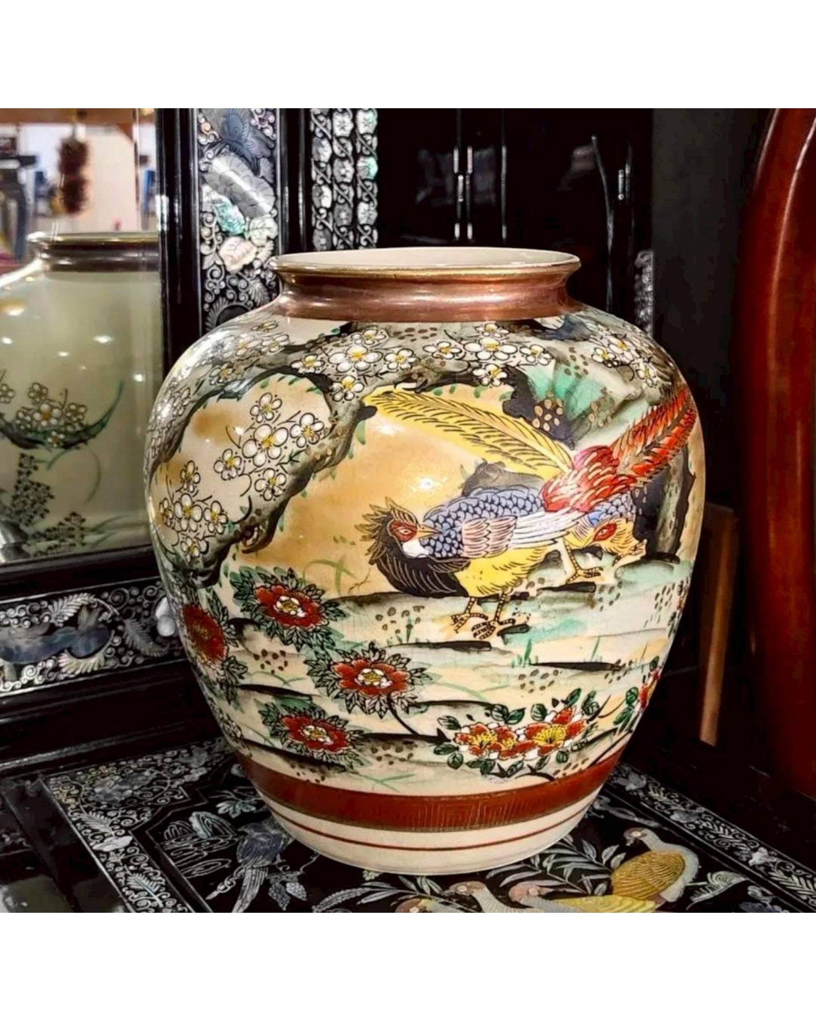 Japanese Kutani Hand-Painted Bird & Floral Vase