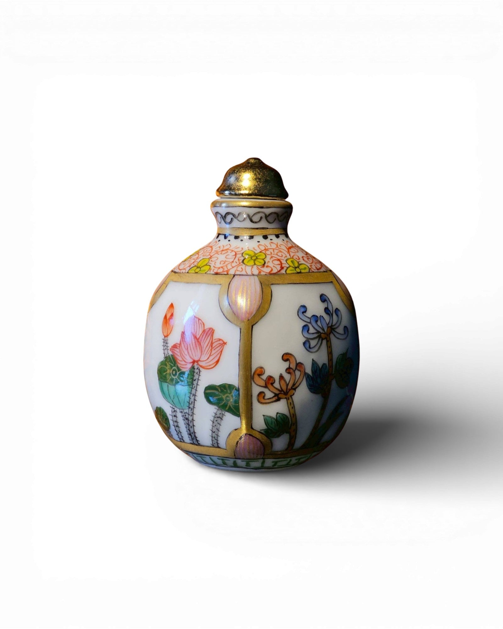 Celadon Ceramic Hand - Painted Snuff Bottle with Gilt Detailing - Surround Living - 2