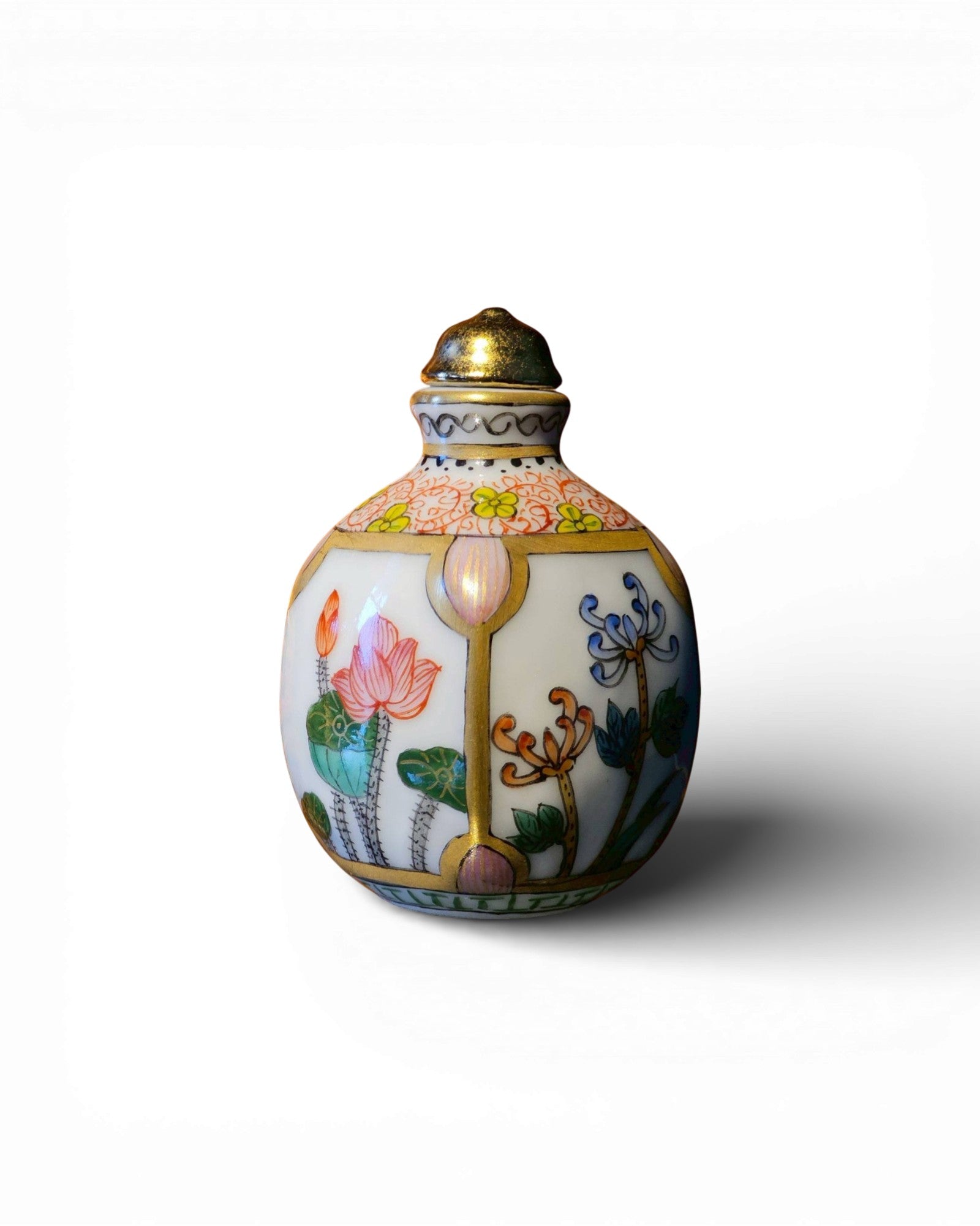 Celadon Ceramic Hand - Painted Snuff Bottle with Gilt Detailing - Surround Living - 6