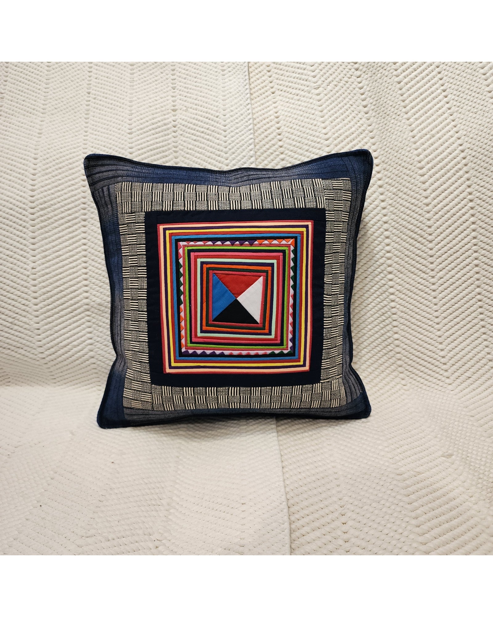 Handwoven Square Cotton Cushion with Lisu Motif Centre - Ocean Blue