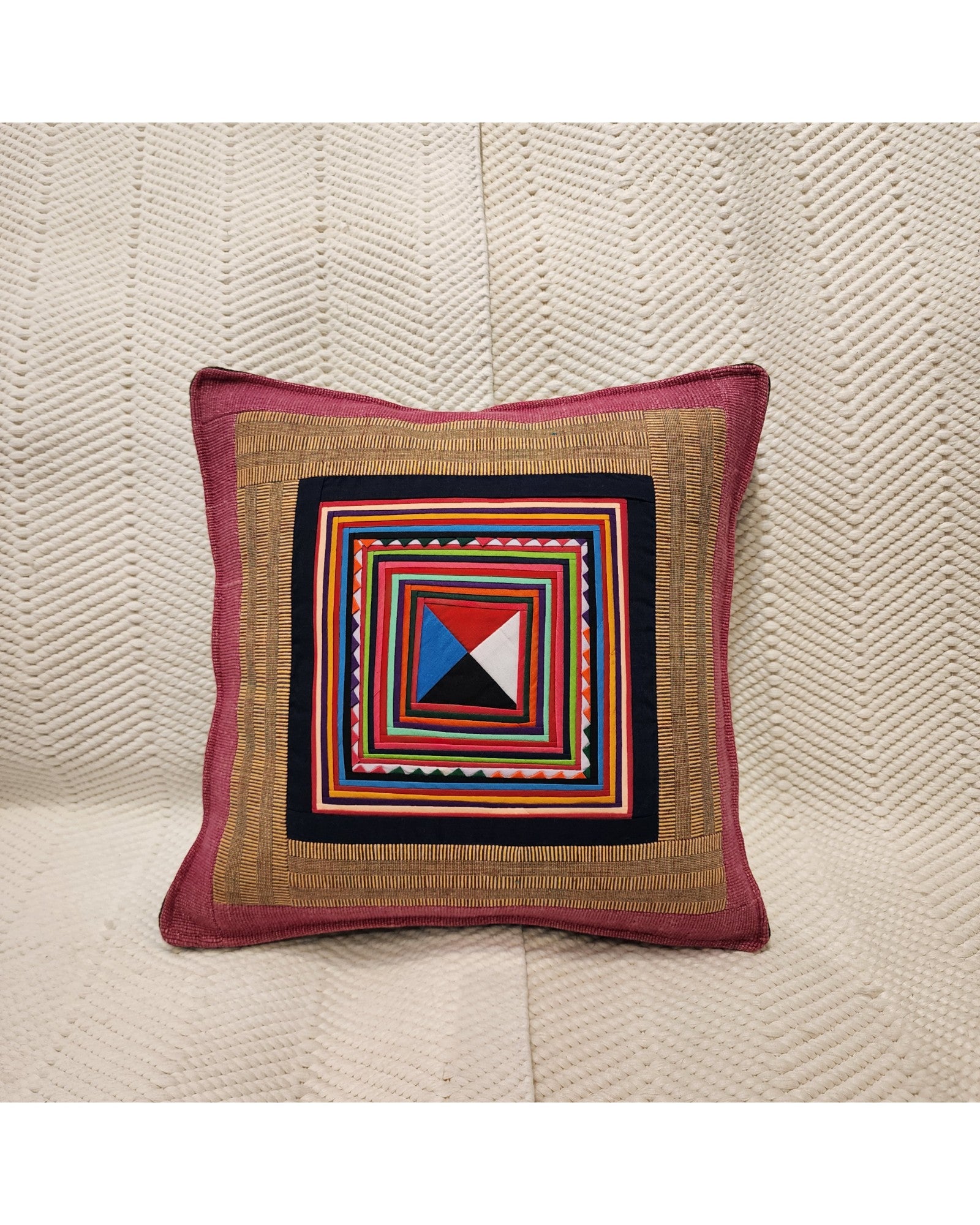 Handwoven Square Cotton Cushion with Lisu Motif Centre - Red
