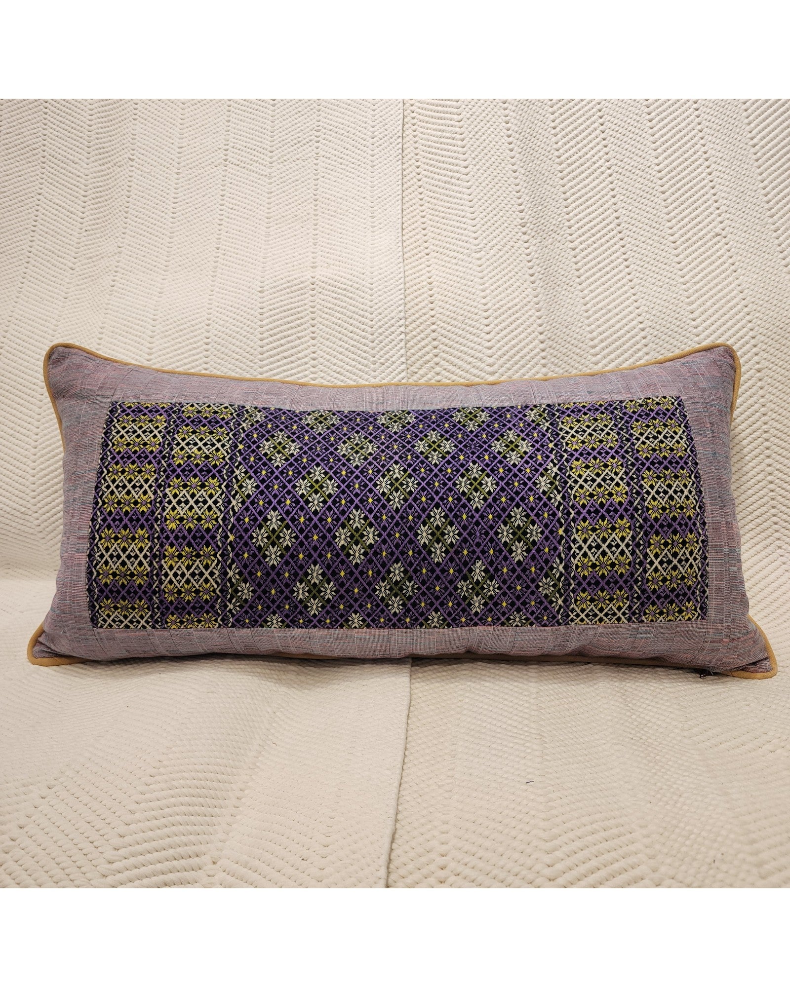 Lumba Cushion with Karen Hilltribe Centrepiece, Multicoloured piping - Light Purple