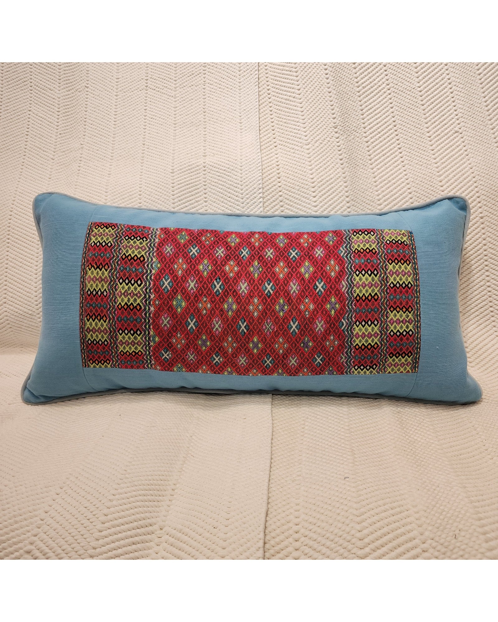 Lumba Cushion with Karen Hilltribe Centrepiece, Multicoloured piping - Light Blue
