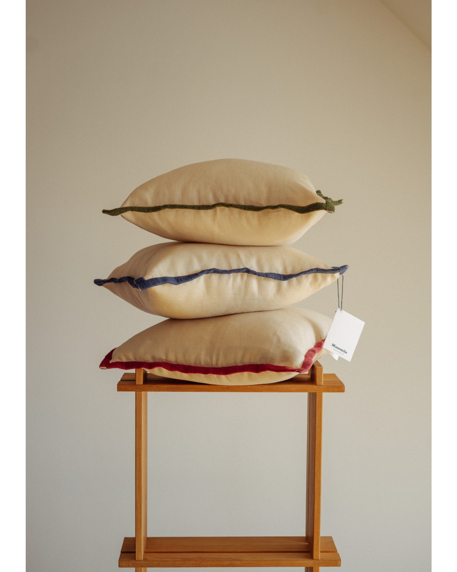 Linen Cushion Cover With Embroidered Border - Light Beige, Green Border