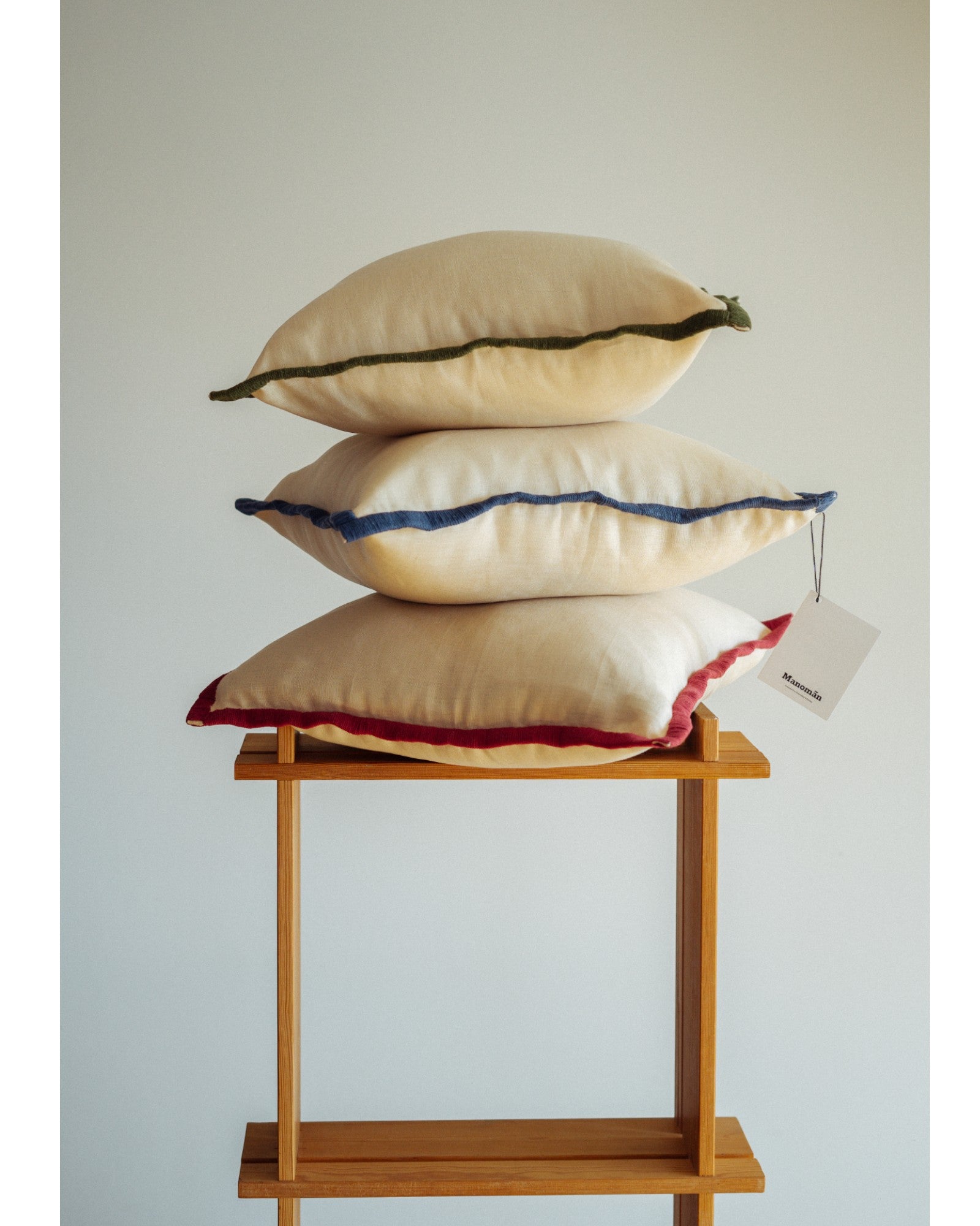 Linen Cushion Cover With Embroidered Border - Light Beige, Green Border