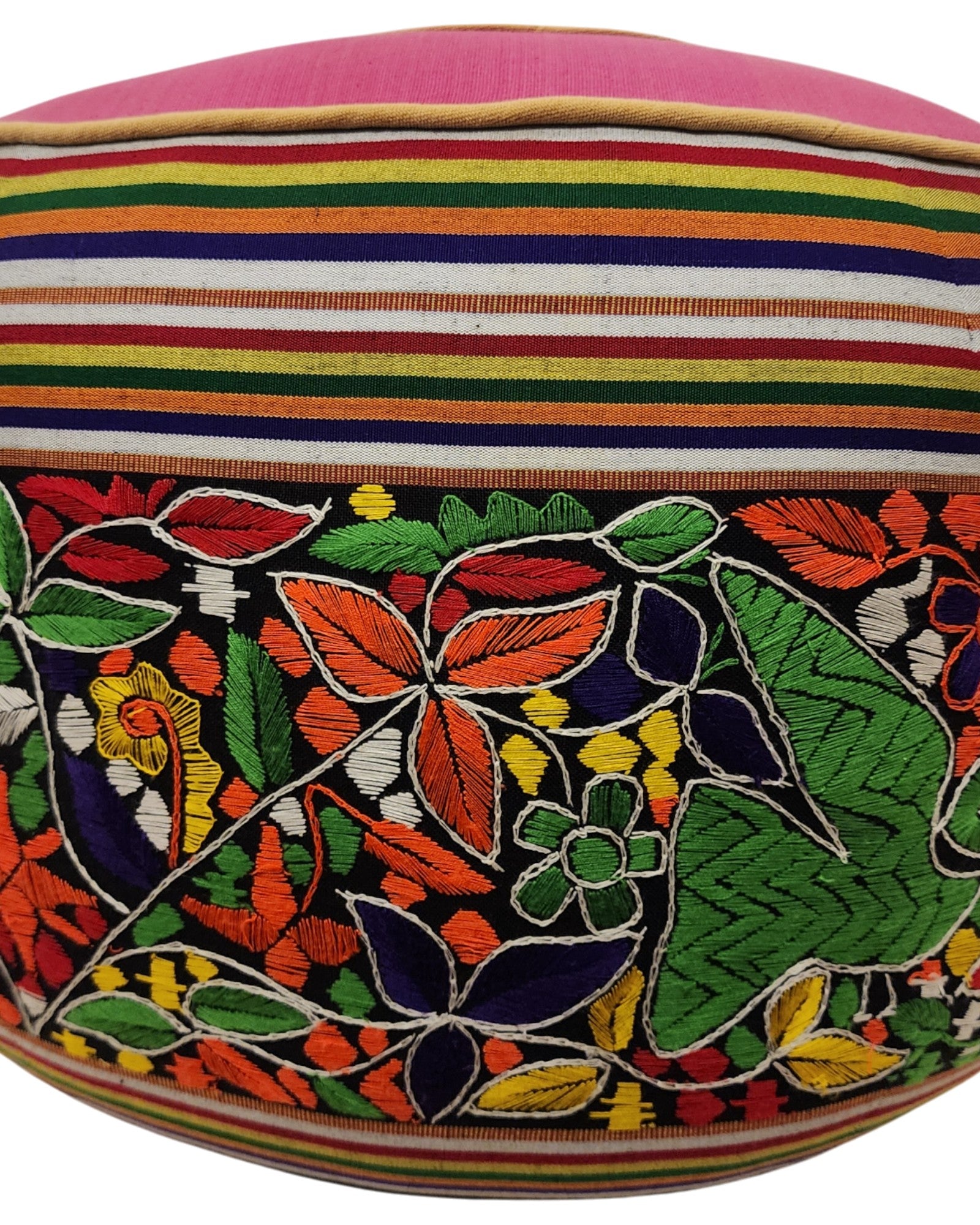 Round Pouf with Hand-Embroidered and Handwoven Fabrics - Floral Design & Pink Top