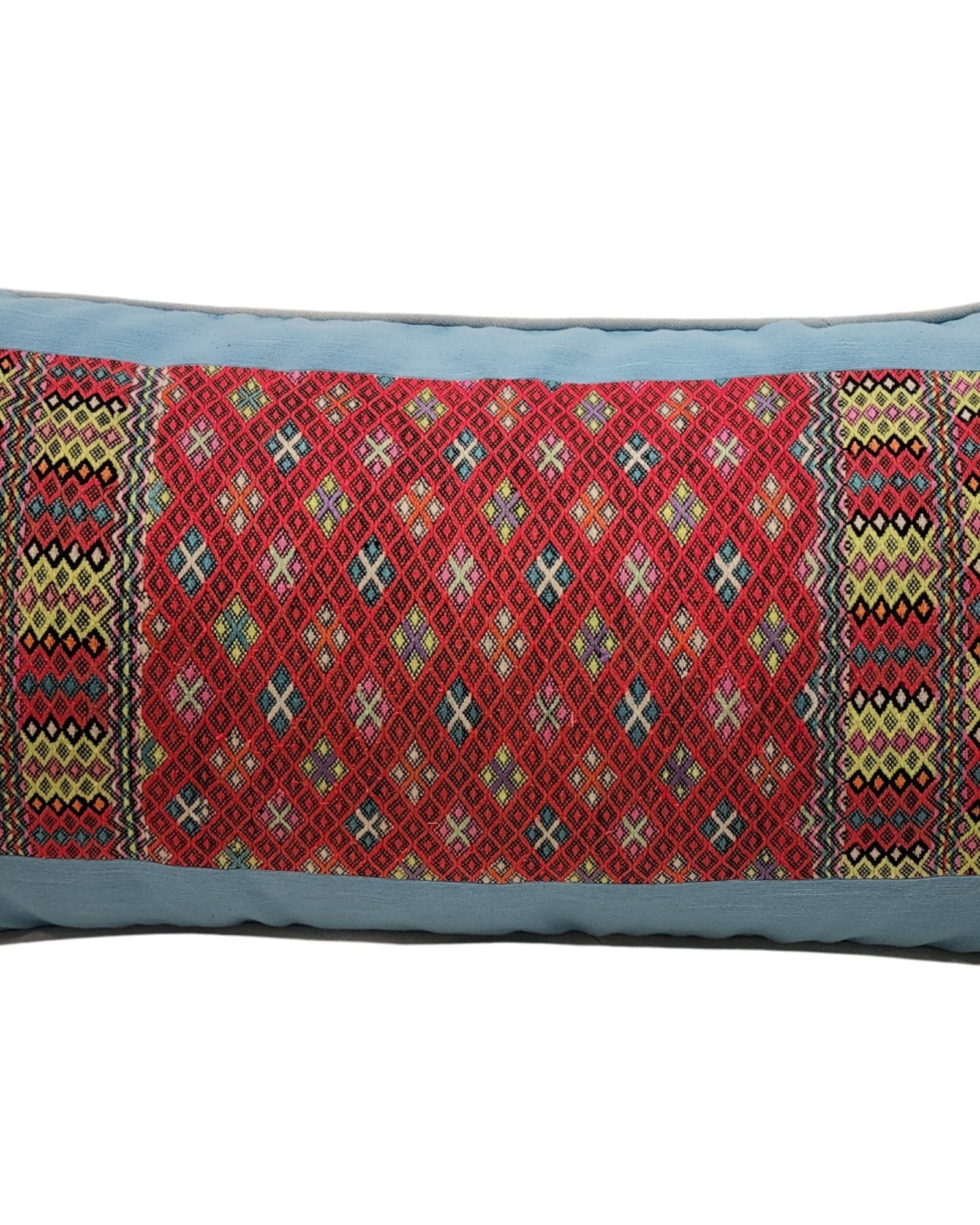 Lumba Cushion with Karen Hilltribe Centrepiece, Multicoloured piping - Light Blue