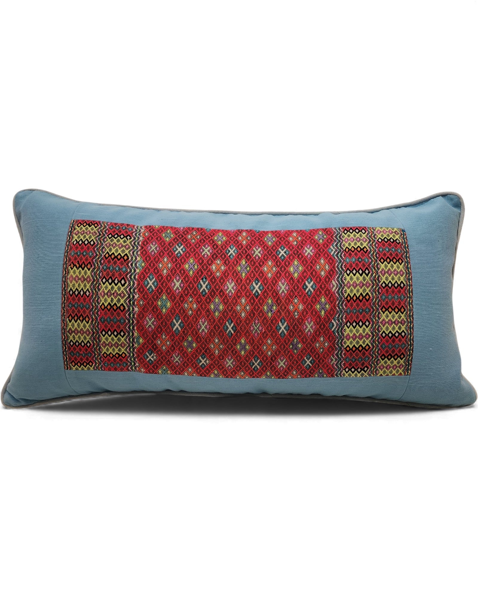 Lumba Cushion with Karen Hilltribe Centrepiece, Multicoloured piping - Light Blue
