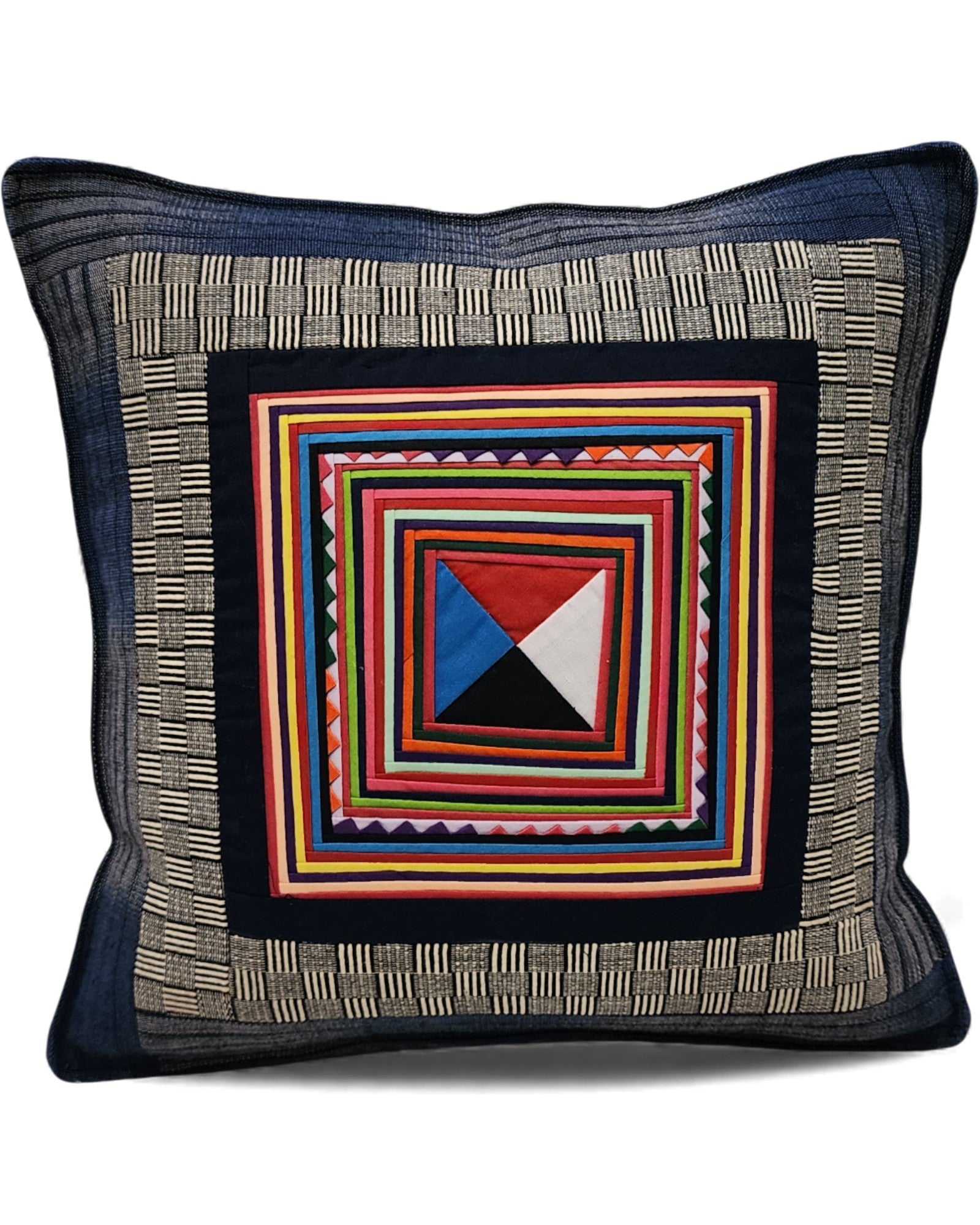 Handwoven Square Cotton Cushion with Lisu Motif Centre - Ocean Blue