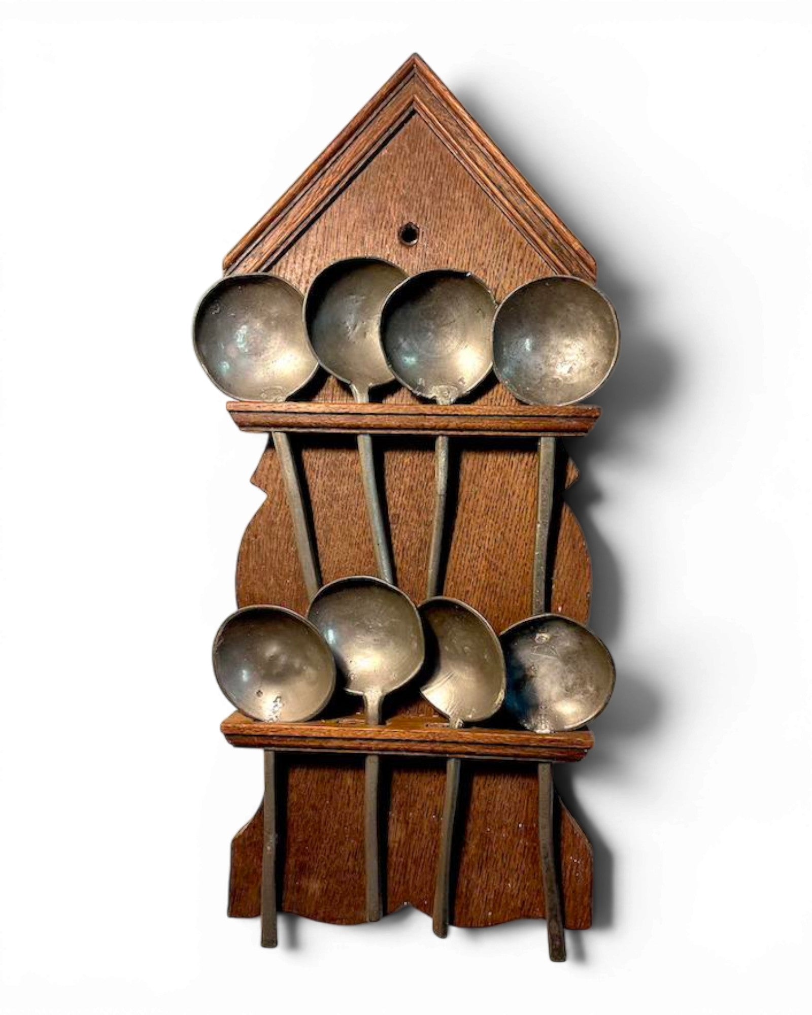 Set of Six Pewter Spoons with Oak Display Rack, Netherlands, c. 1750