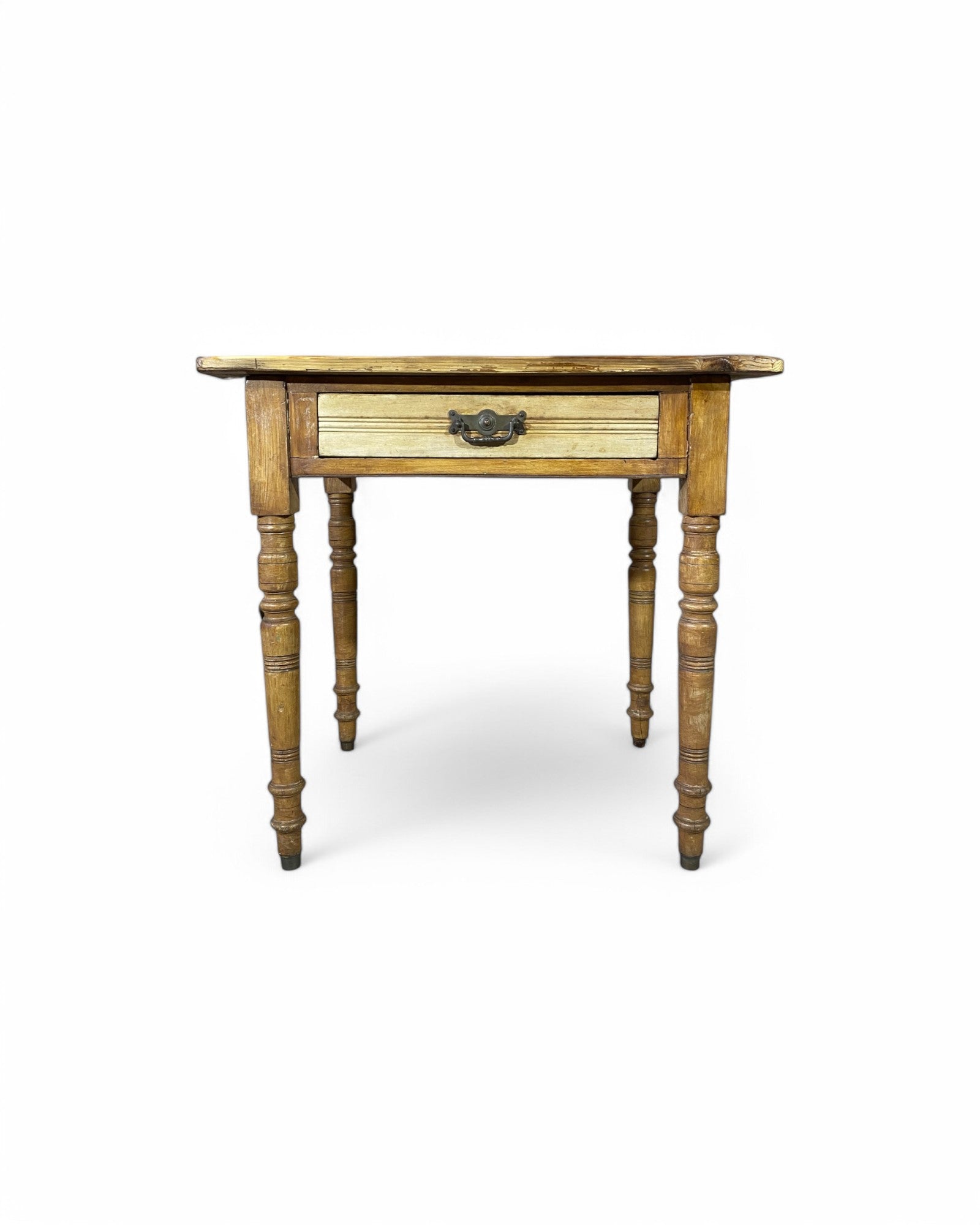 Antique Wooden Vintage Desk with Single Drawer, Carved Spindle Legs