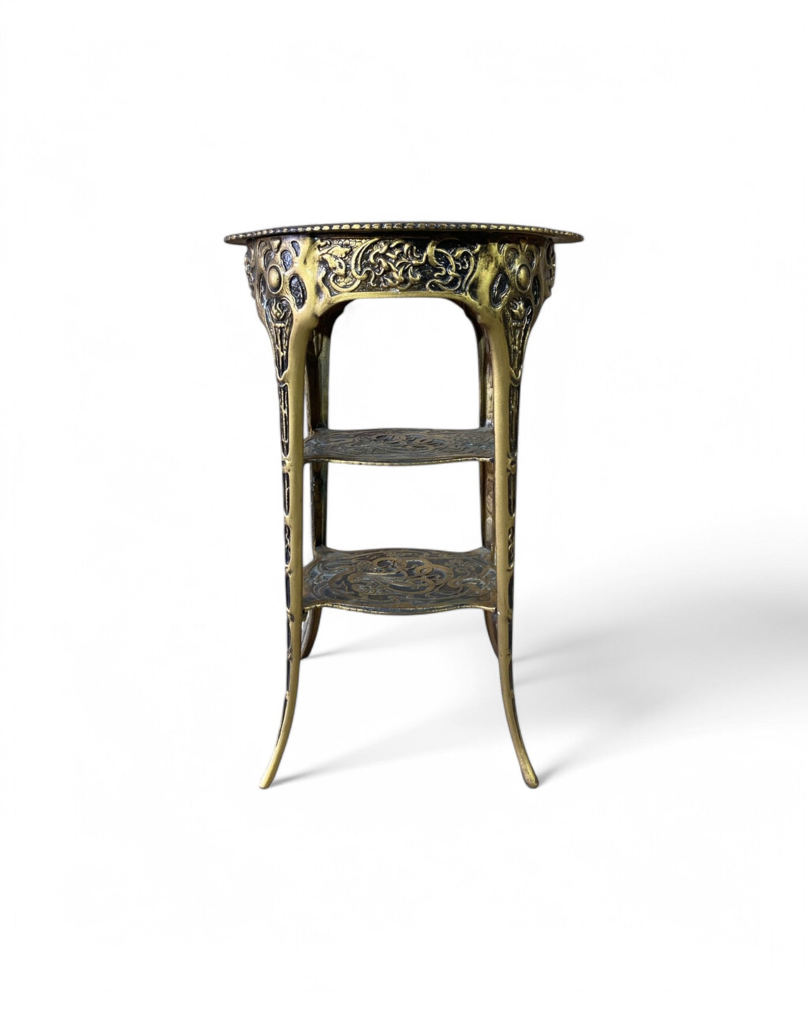 Gold Metal French Tall Sidetable with Vine Engraved Patterns