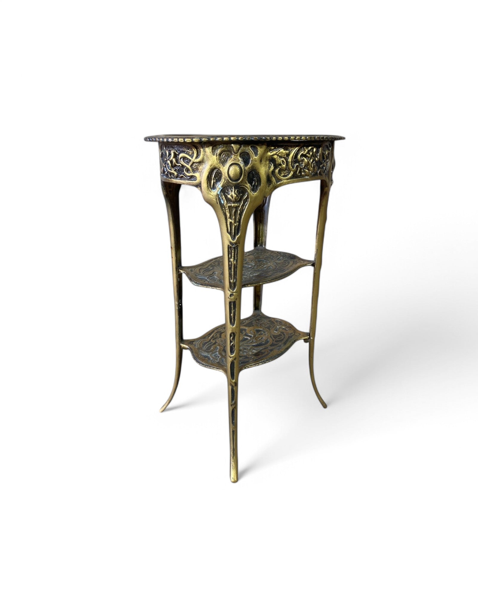 Gold Metal French Tall Sidetable with Vine Engraved Patterns