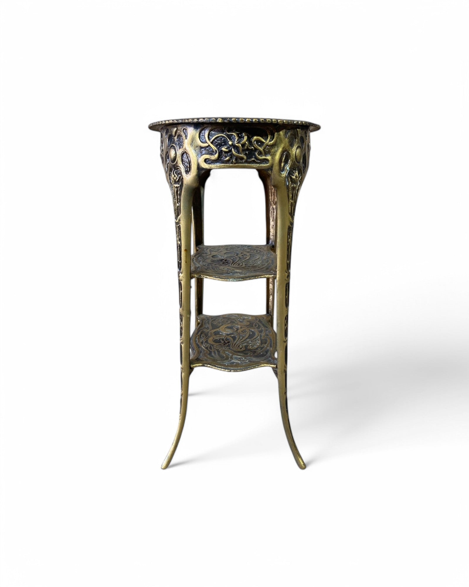 Gold Metal French Tall Sidetable with Vine Engraved Patterns