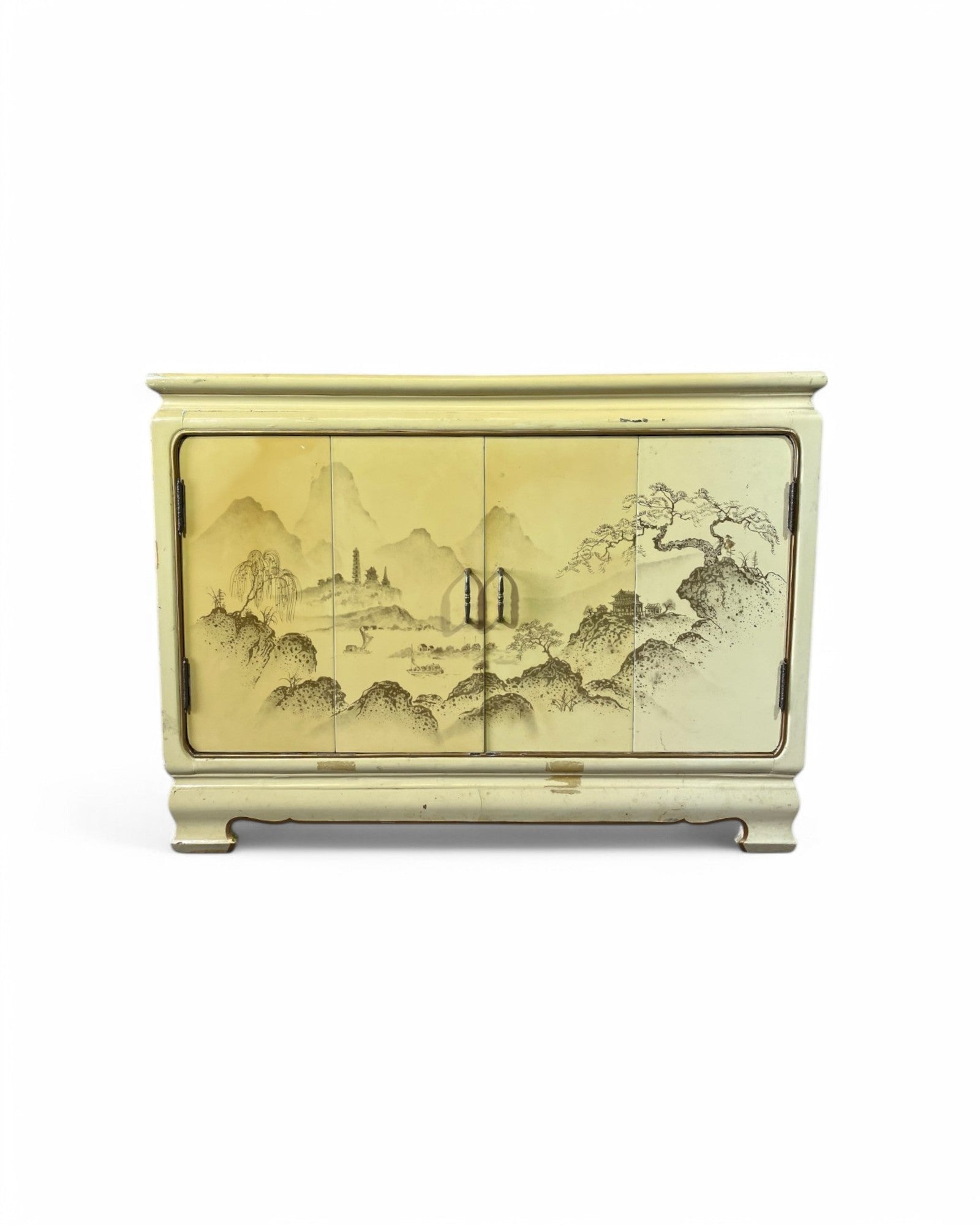Korean Accordion Door Sideboard with Scenic Hand Painted Artwork, Cream