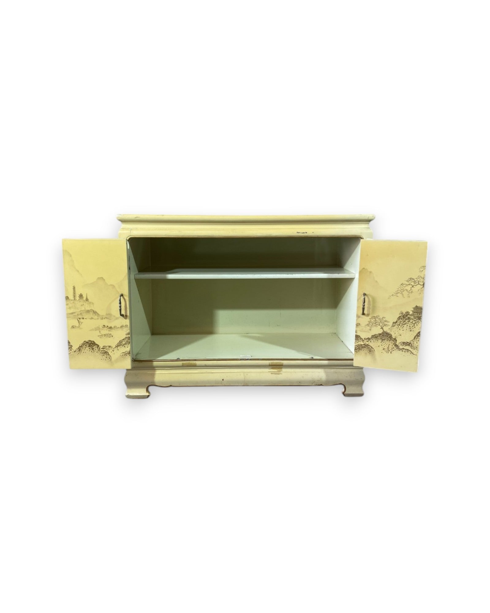 Korean Accordion Door Sideboard with Scenic Hand Painted Artwork, Cream