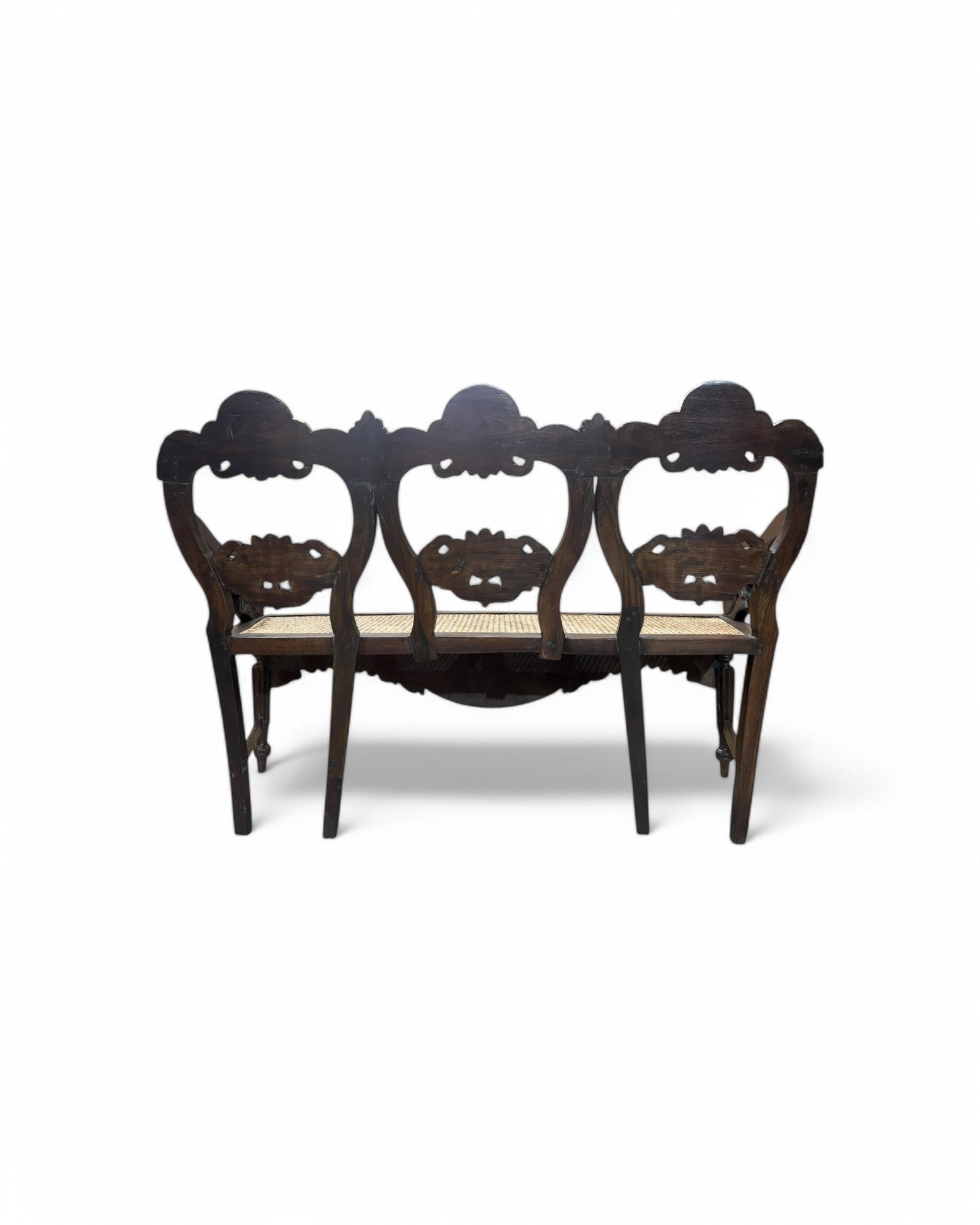 Anglo-Indian Rosewood Carved Settee Bench with Rattan Seating