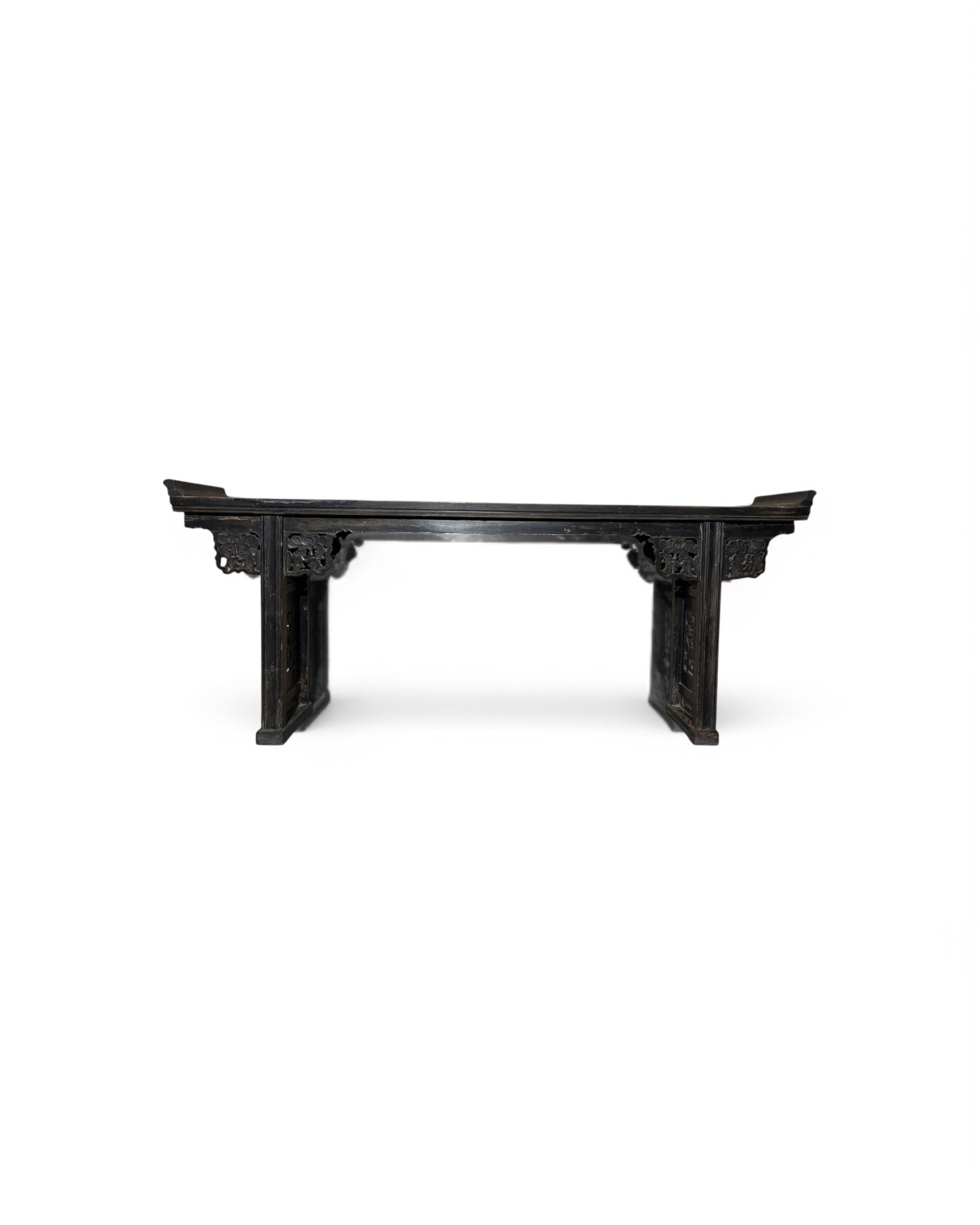 Black Antique Chinese Console Table with Floral Engravings
