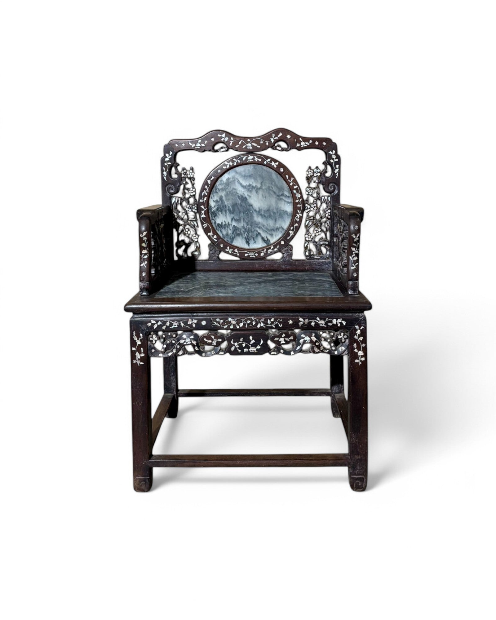 Chinese Pearl & Marble Engraved Tea Chair