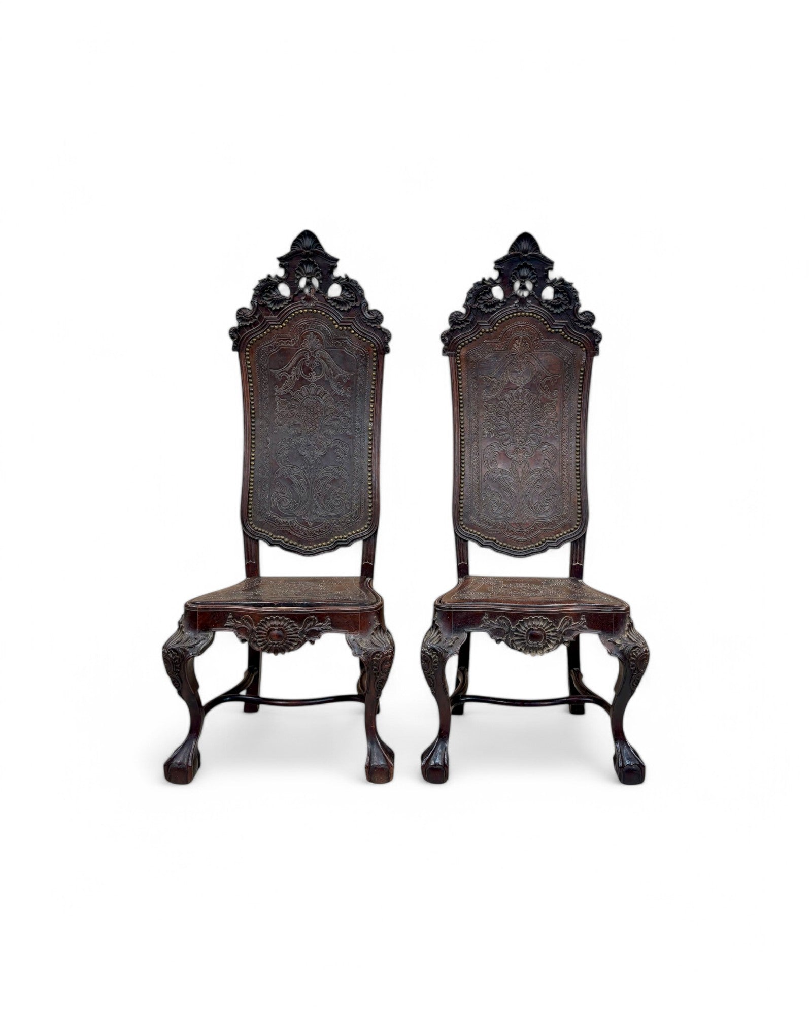 British Colonial Indian Embossed Leather Highback Oakwood Dining Chair - Set of 2
