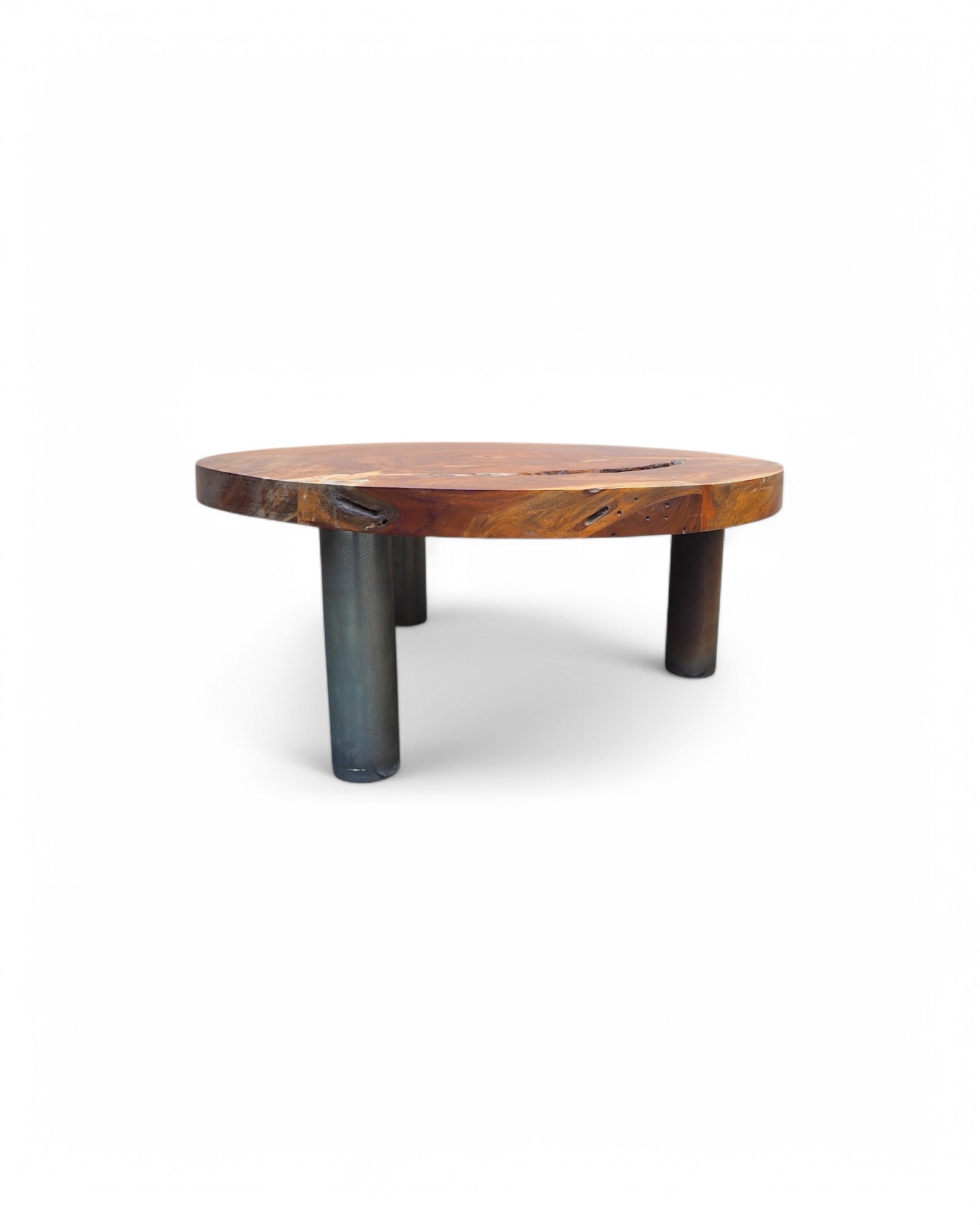 Round Sliced Teak & Steel Low Coffee Table