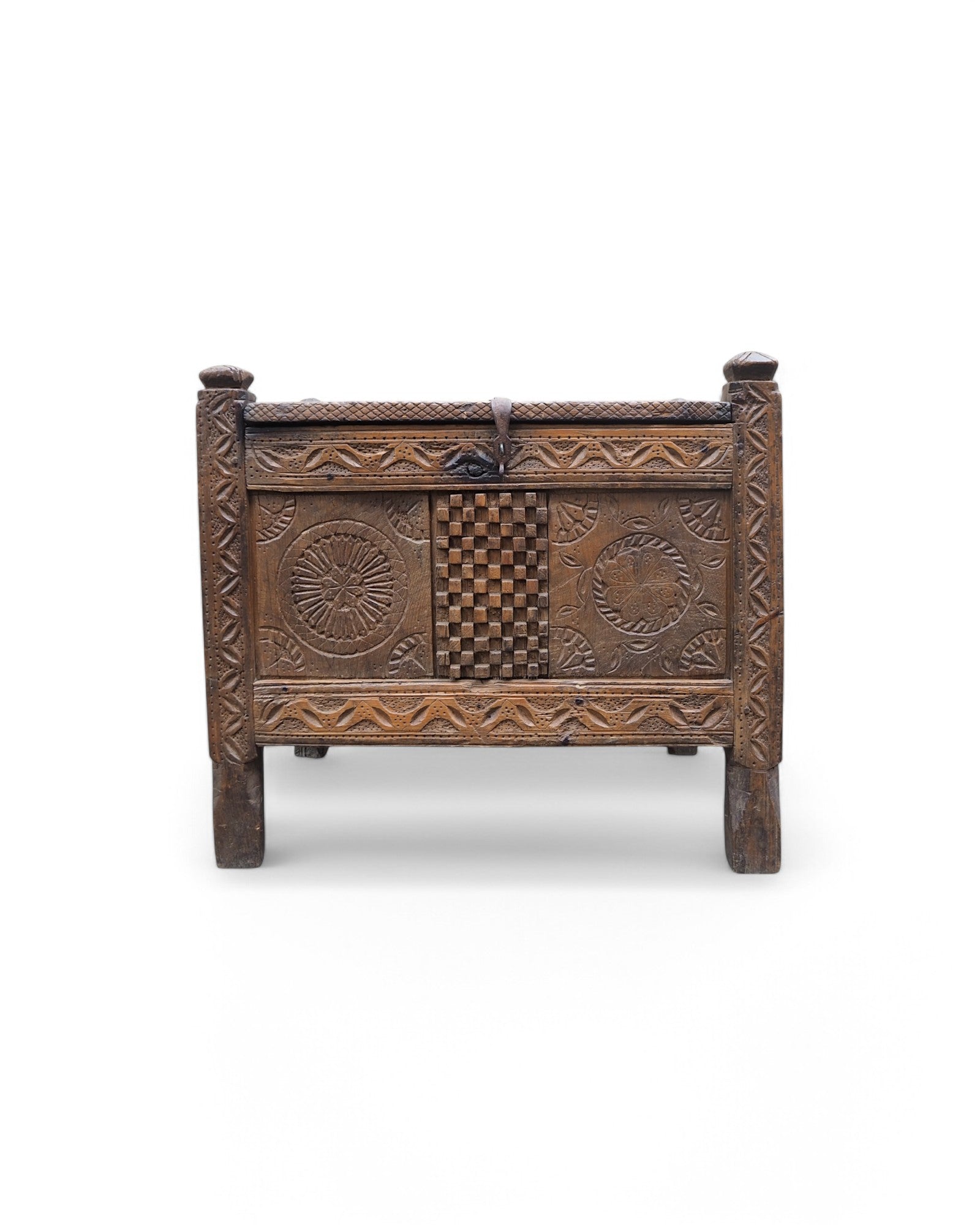 Ornate Indian Checkered Mandala Pitara Storage Chest 1920s