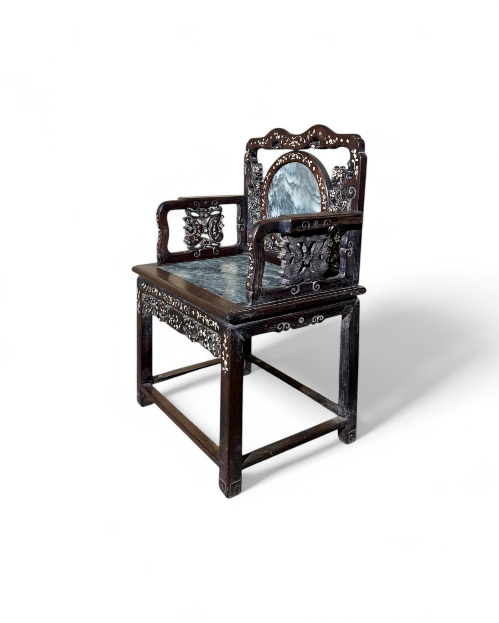 Chinese Pearl & Marble Engraved Tea Chair