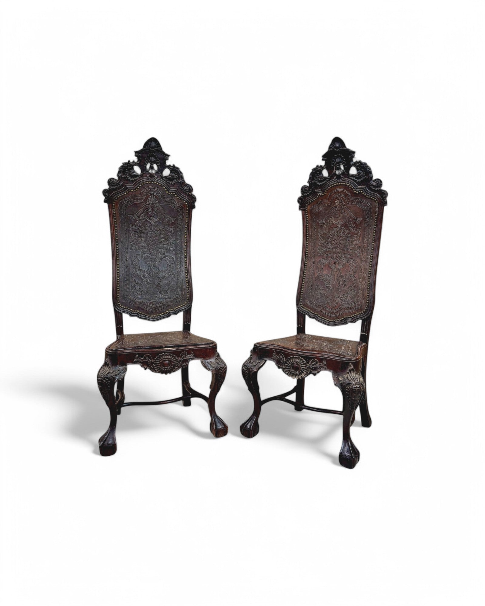 British Colonial Indian Embossed Leather Highback Oakwood Dining Chair - Set of 2