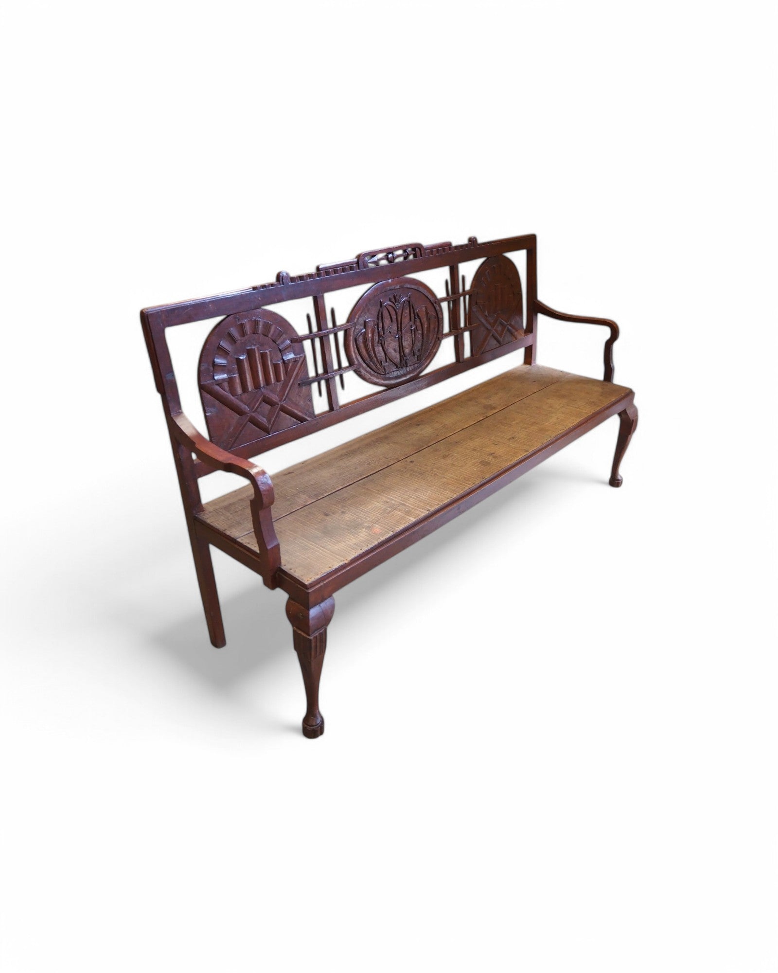 1920s Colonial Carved Emblem Teak Bench